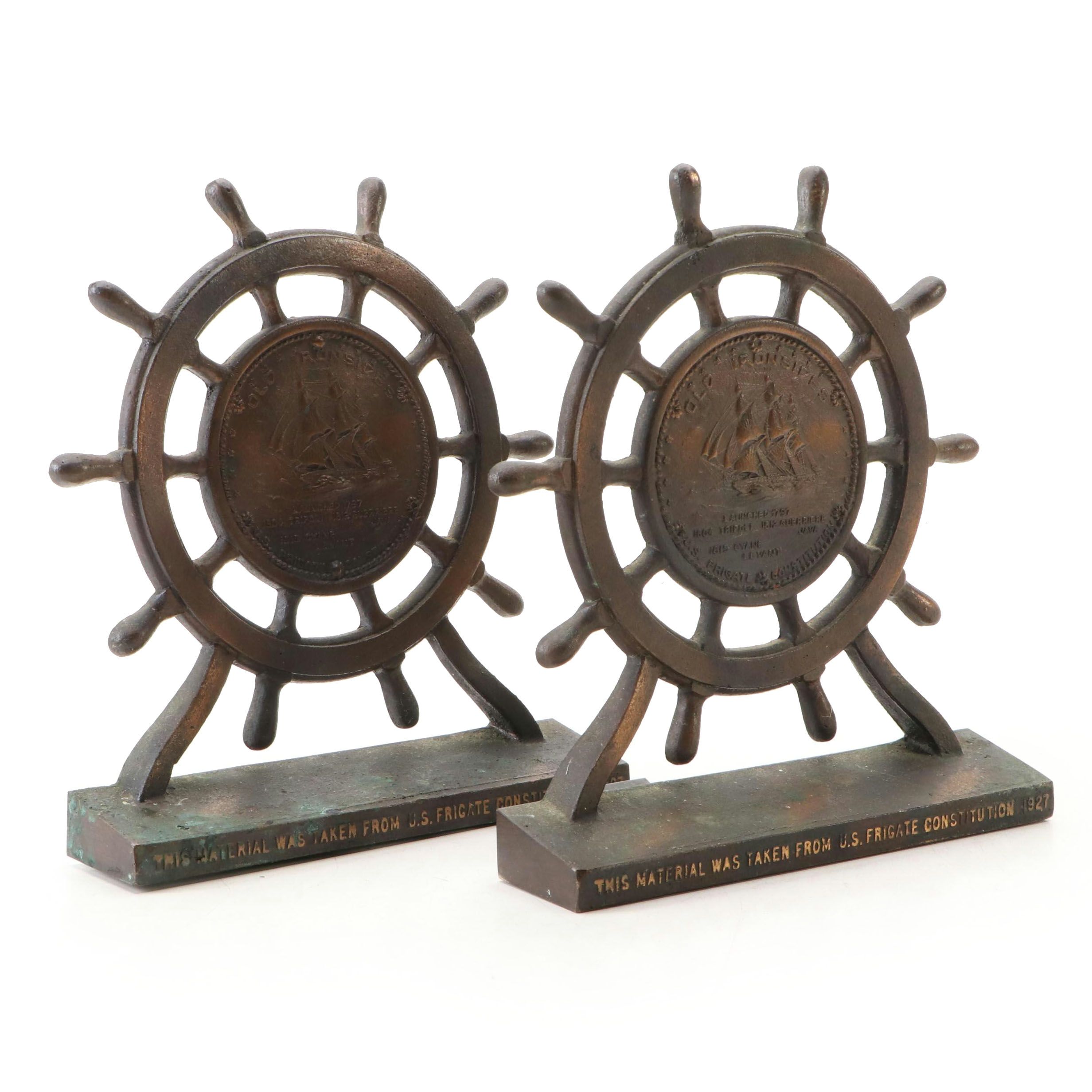 U.S. Frigate Constitution "Old Ironsides" Metal Bookends, Early to Mid-20th C.