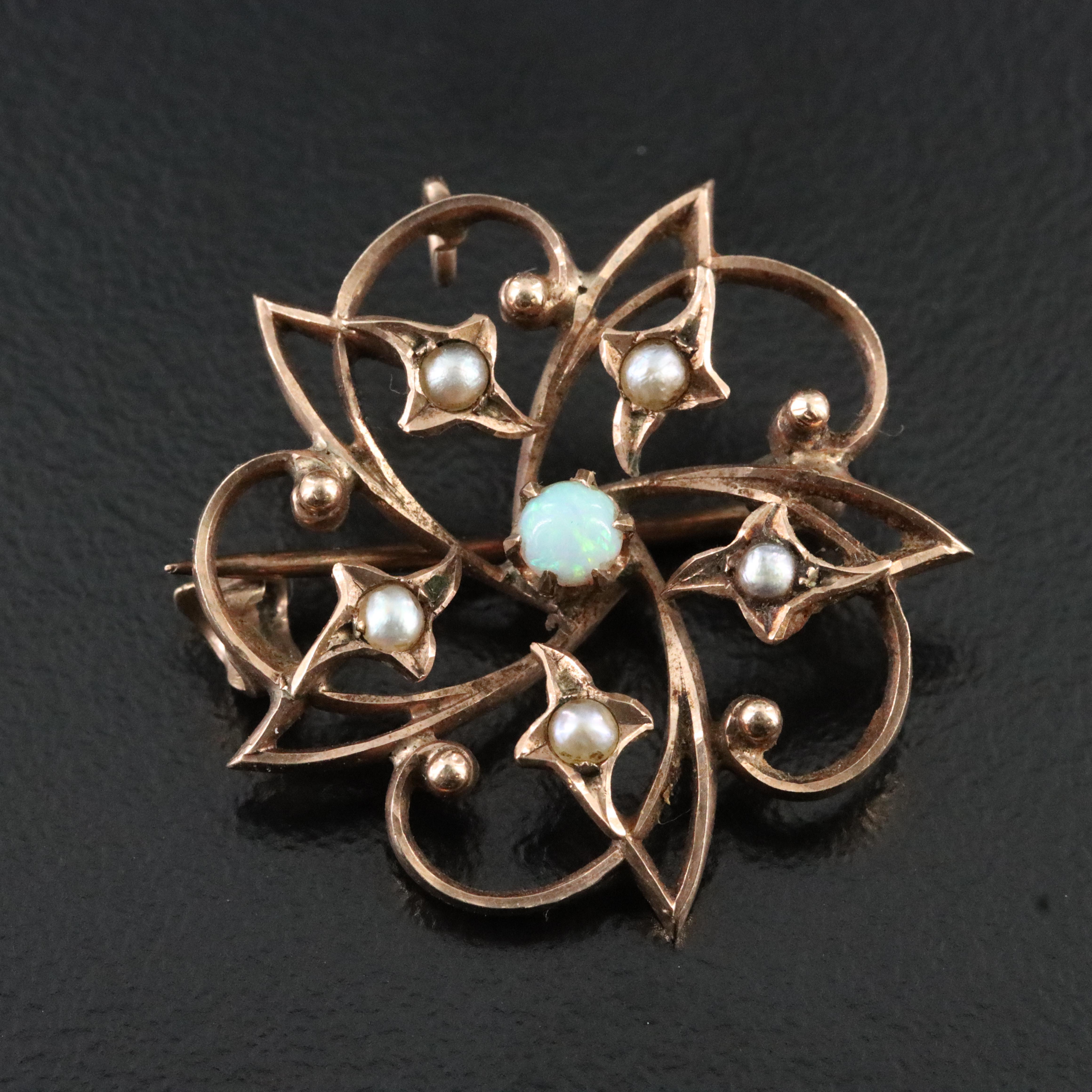 Antique 10K Opal and Seed Pearl Watch Chain Pin
