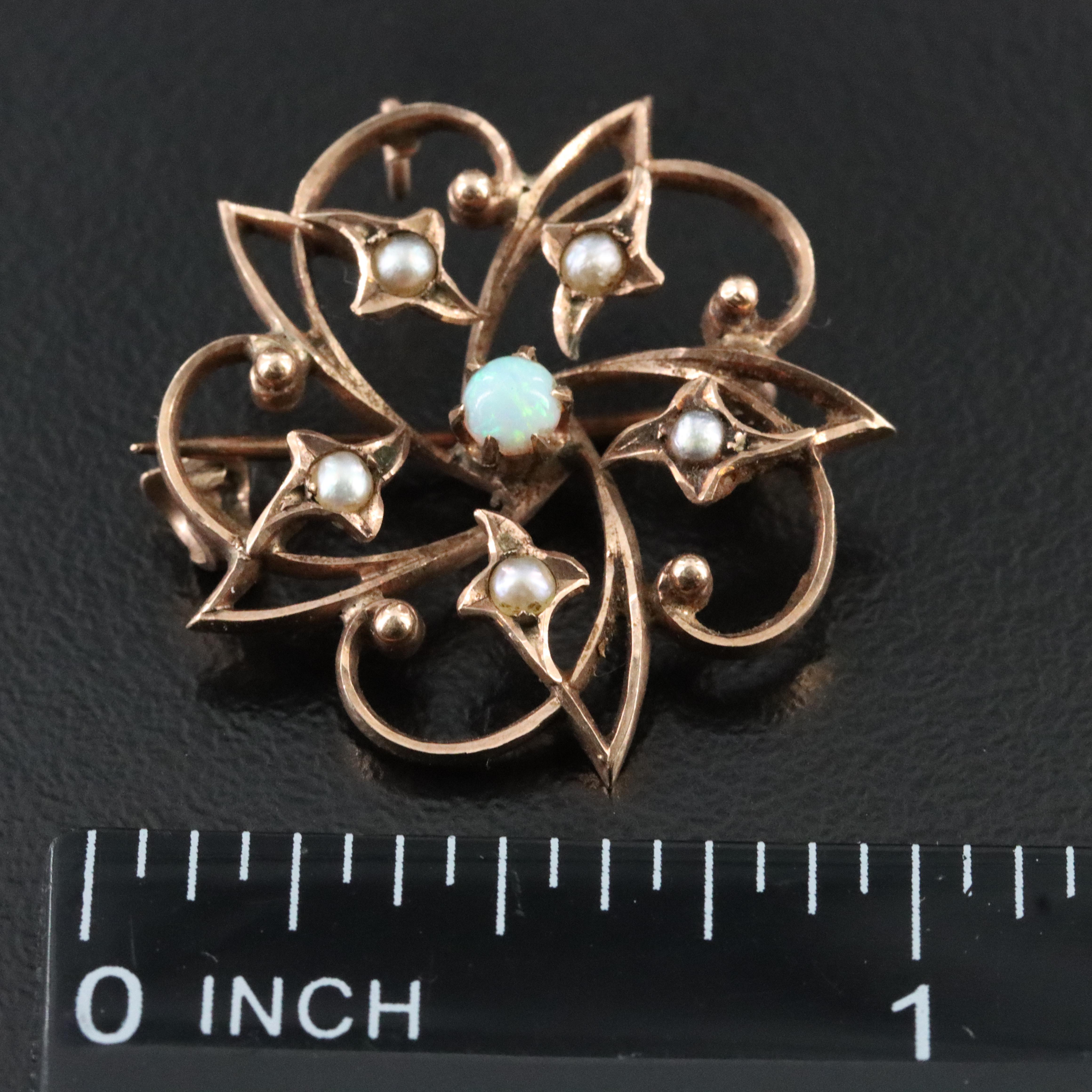 Antique 10K Opal and Seed Pearl Watch Chain Pin