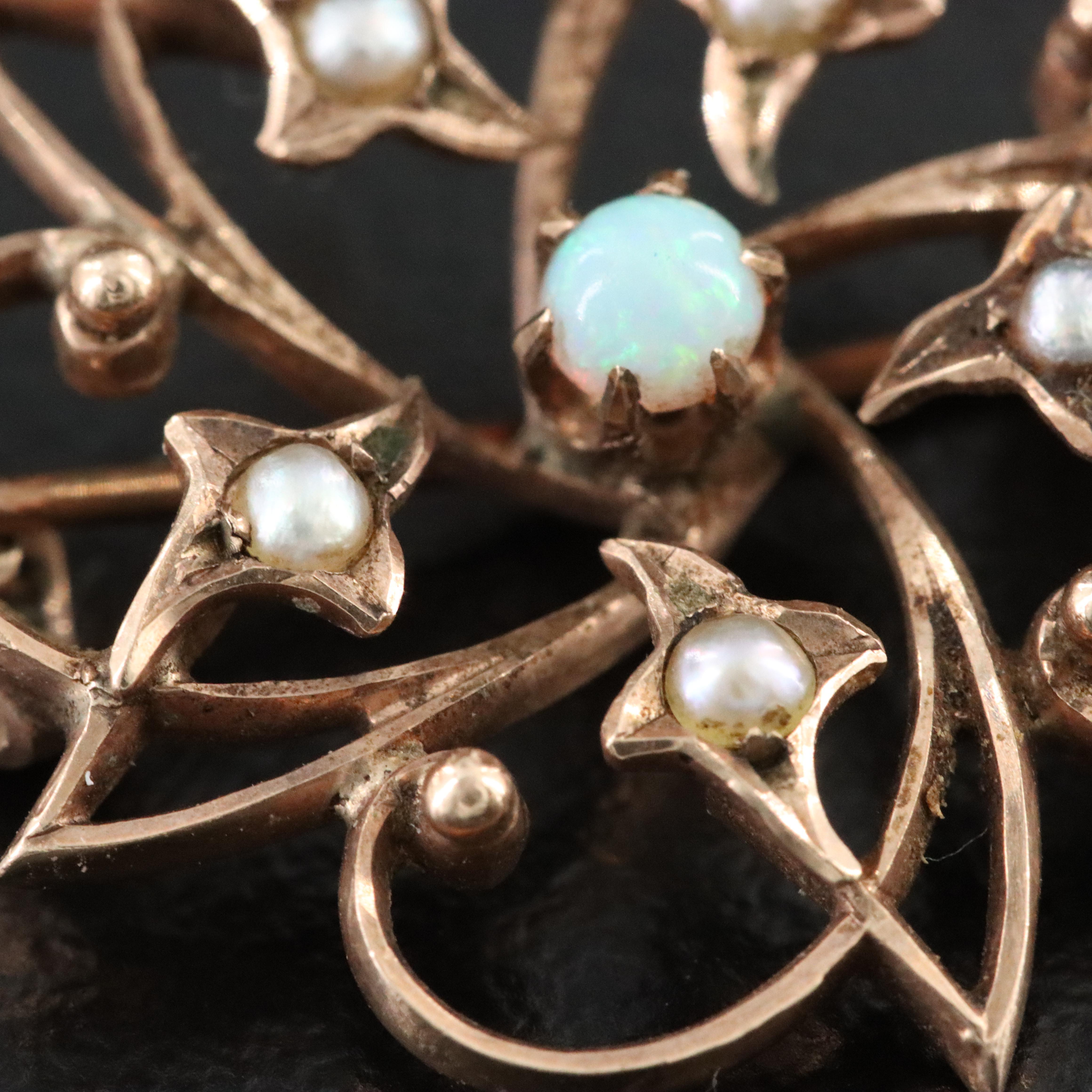 Antique 10K Opal and Seed Pearl Watch Chain Pin