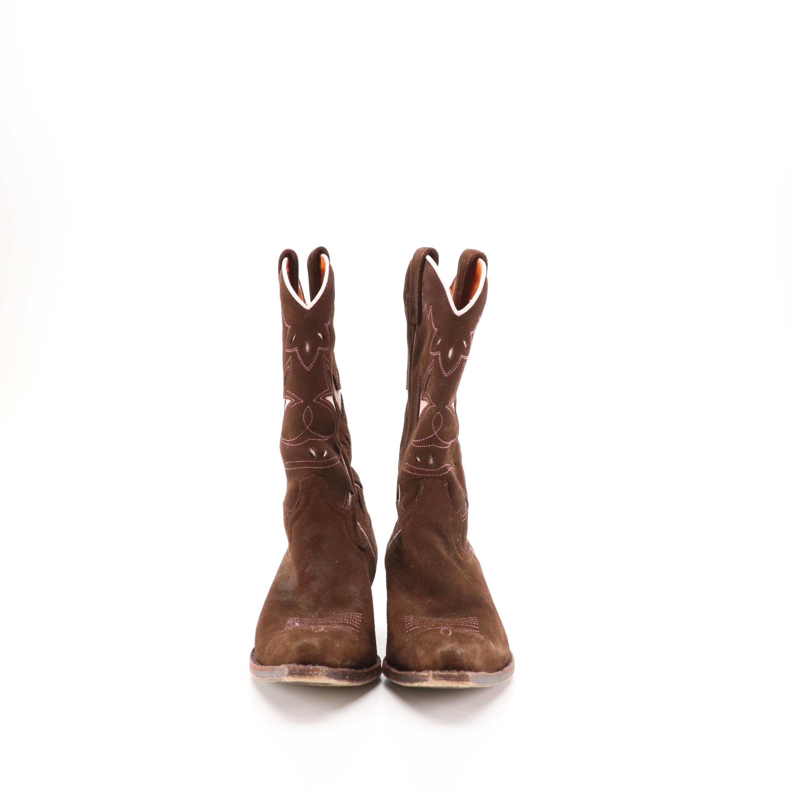 Frye 77150 Western Boots in Brown Suede with Pink Leather Inlays