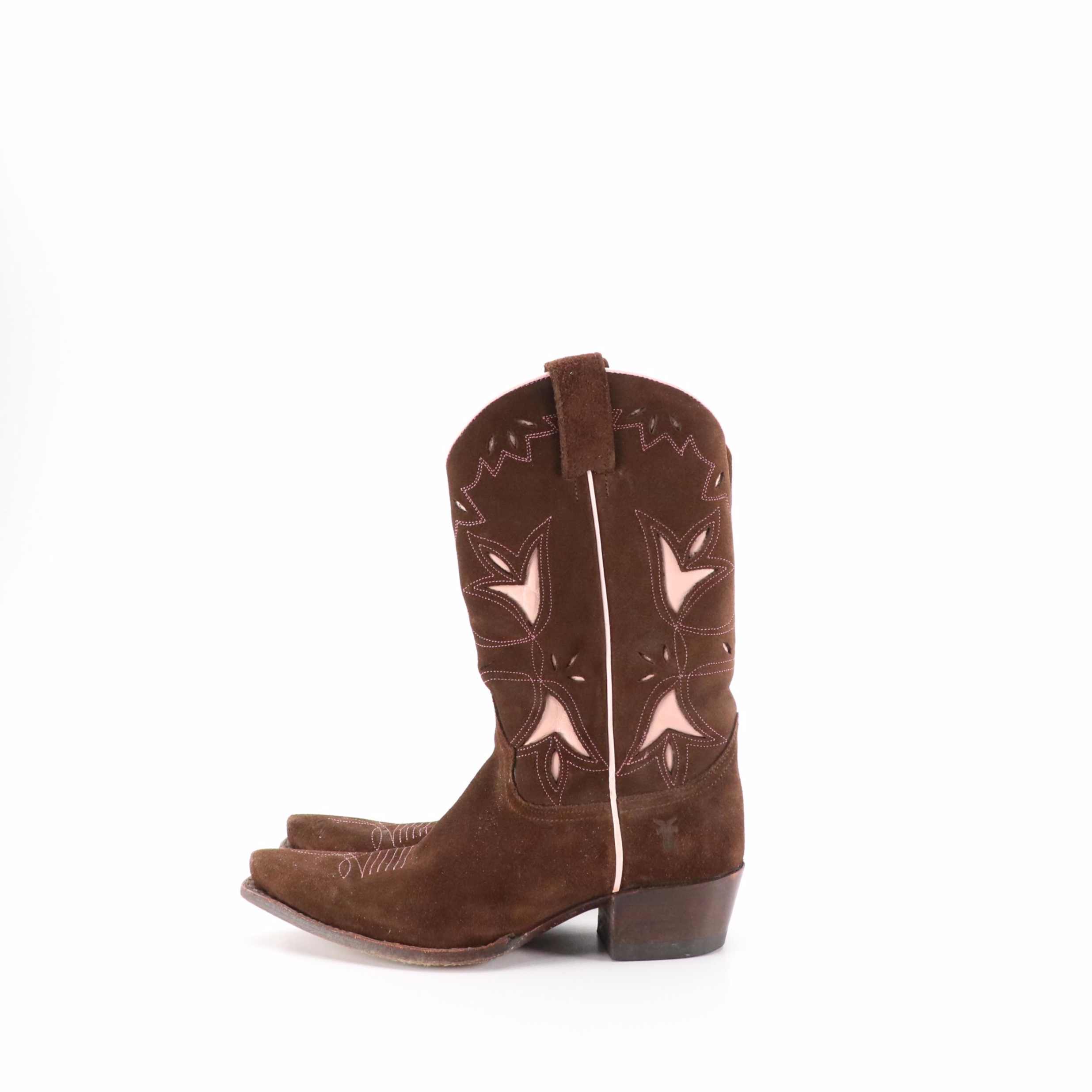 Frye 77150 Western Boots in Brown Suede with Pink Leather Inlays