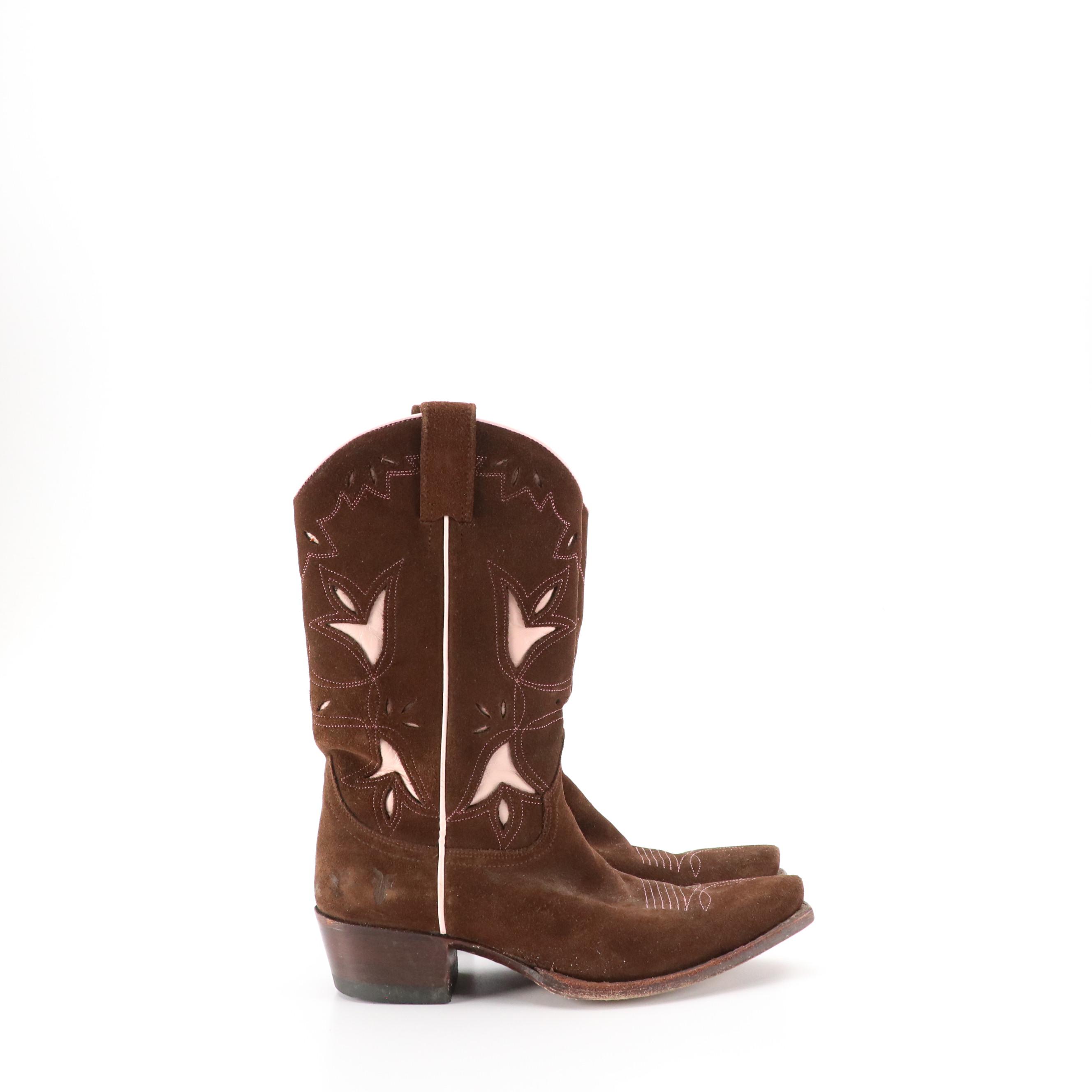 Frye 77150 Western Boots in Brown Suede with Pink Leather Inlays