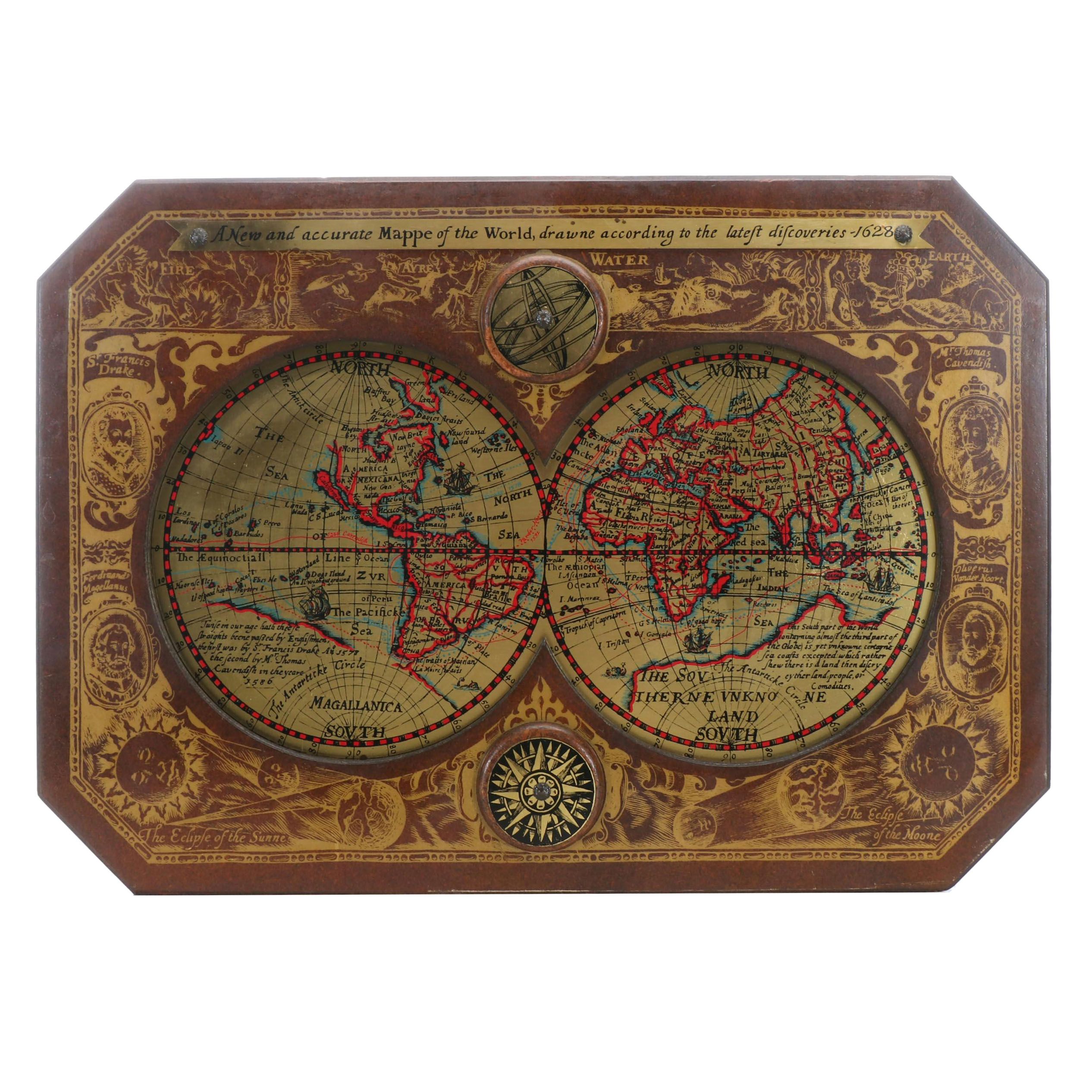 Wood and Gold Tone Metal Map of the World Wall Hanging