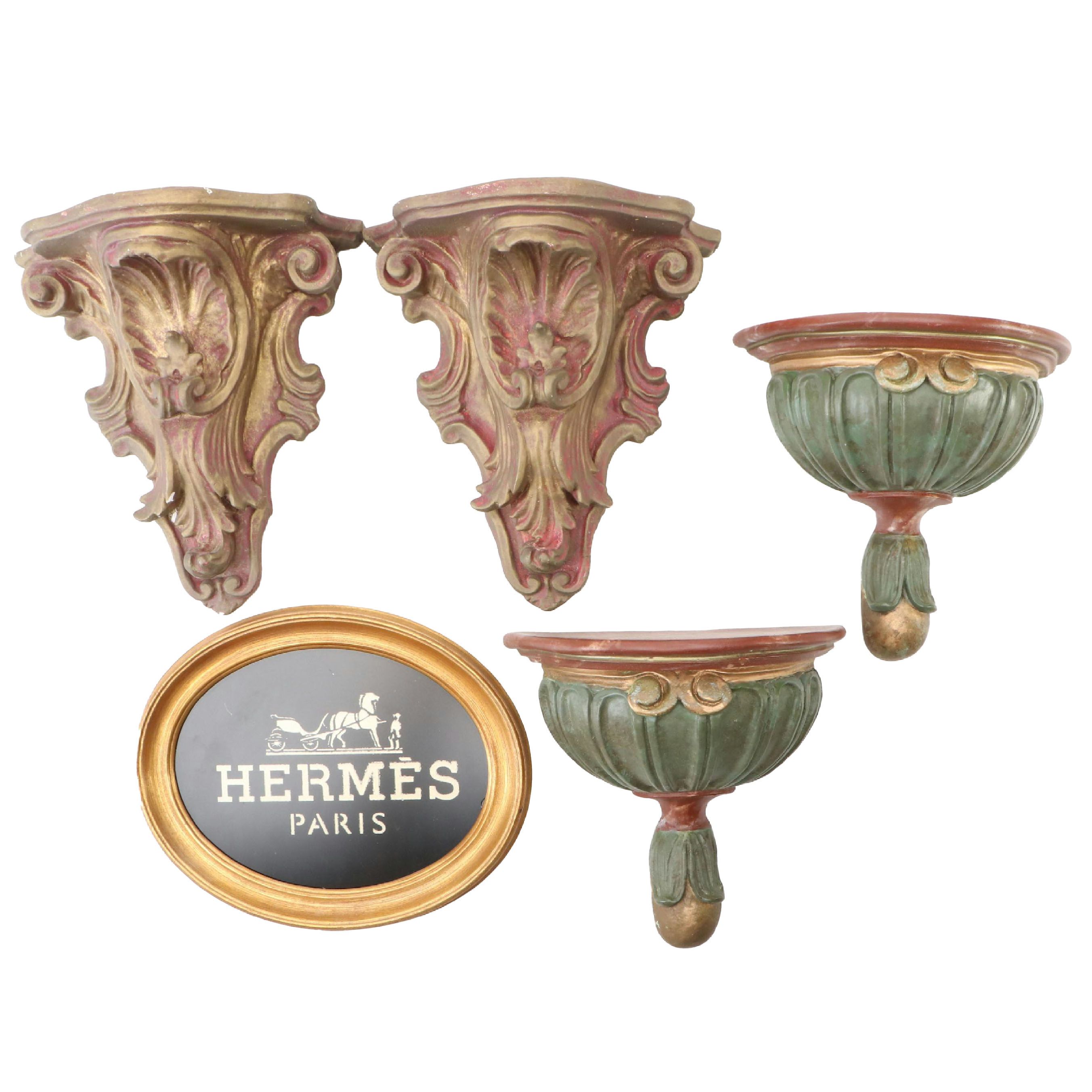 Rococo Revival Gilt Plaster Wall Shelves with "Hermès Paris" Wall Art