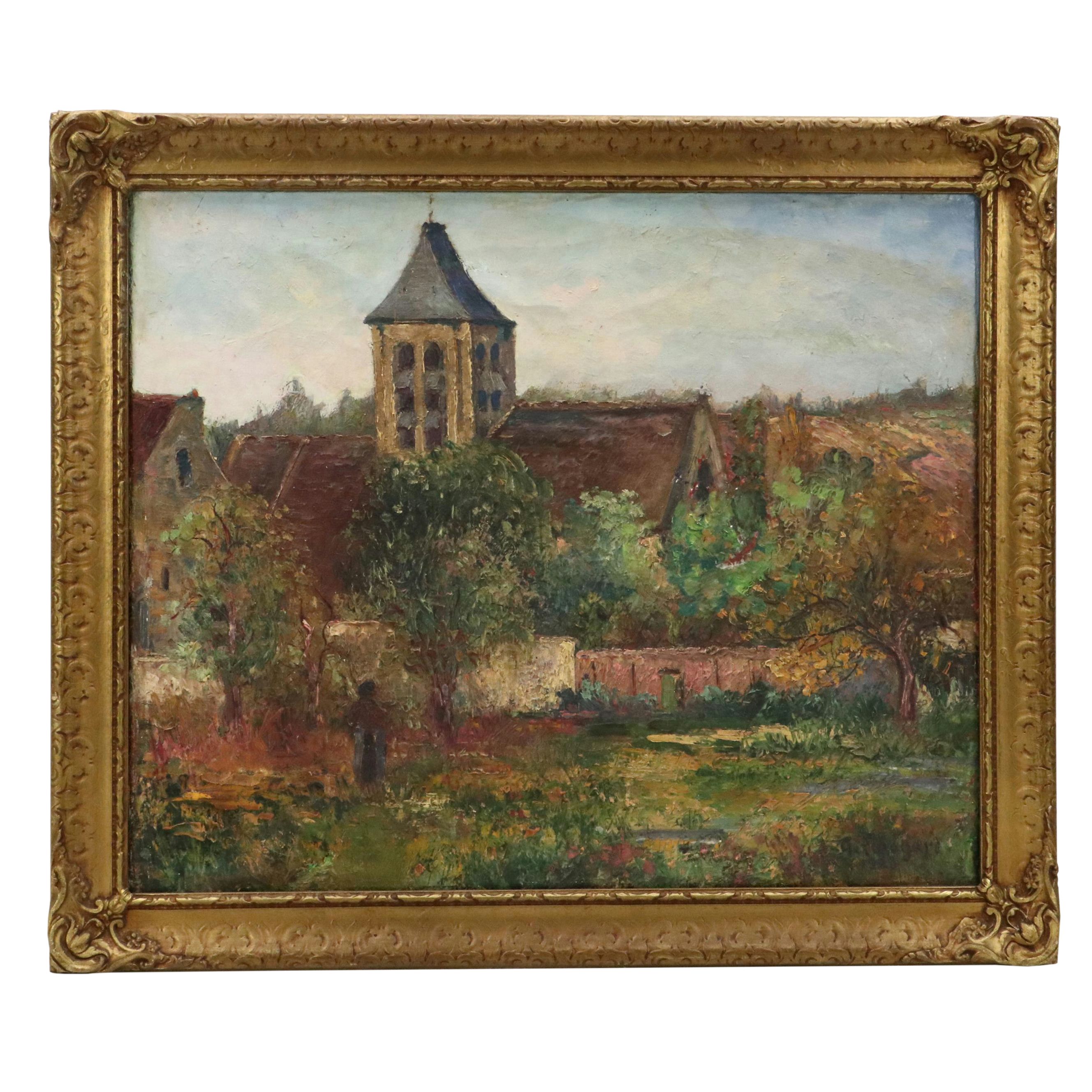 Impasto Oil Painting of Courtyard Scene with Figure, 1923