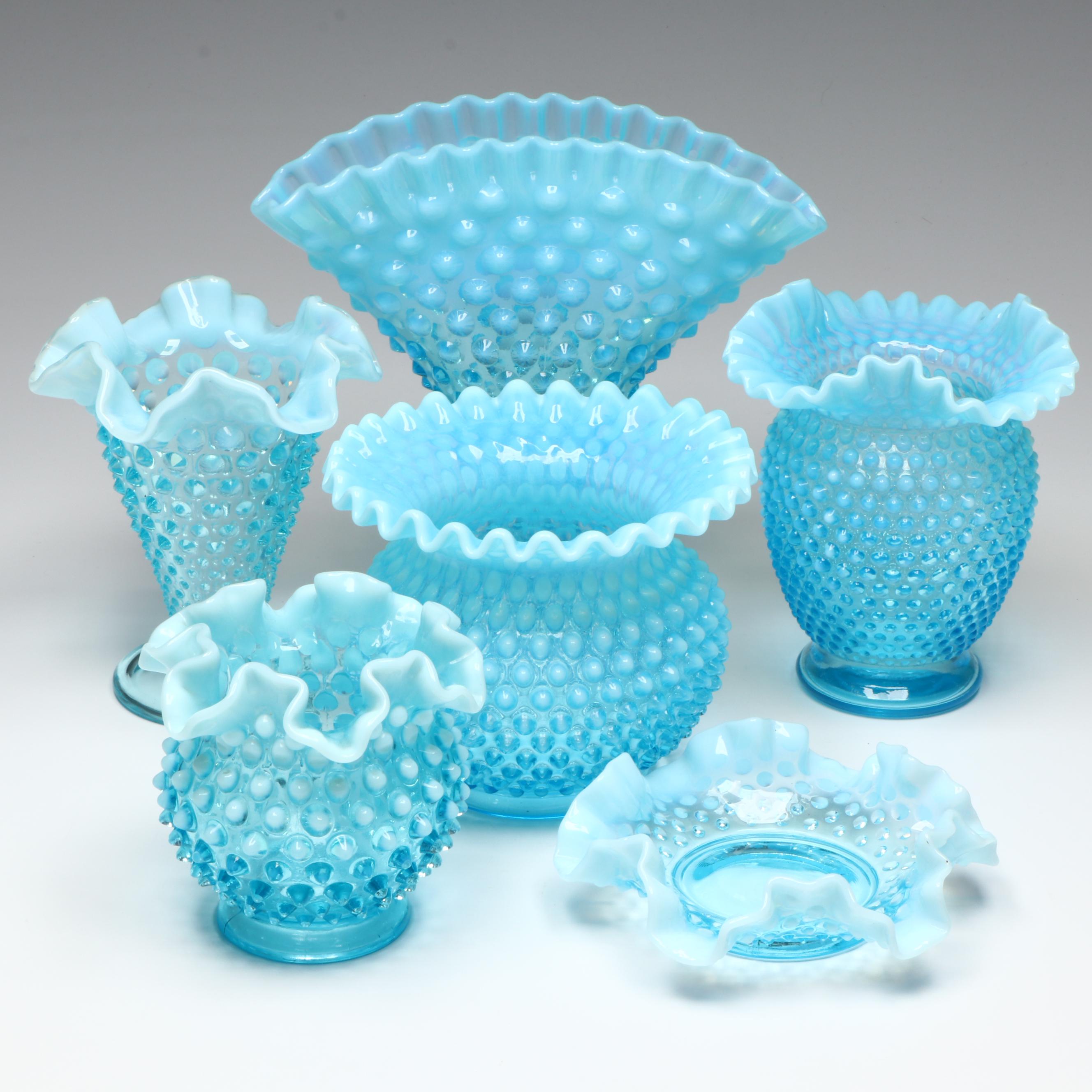 Fenton Hobnail Opalescent Blue Fan Vase and Ruffled Dish with More Glass