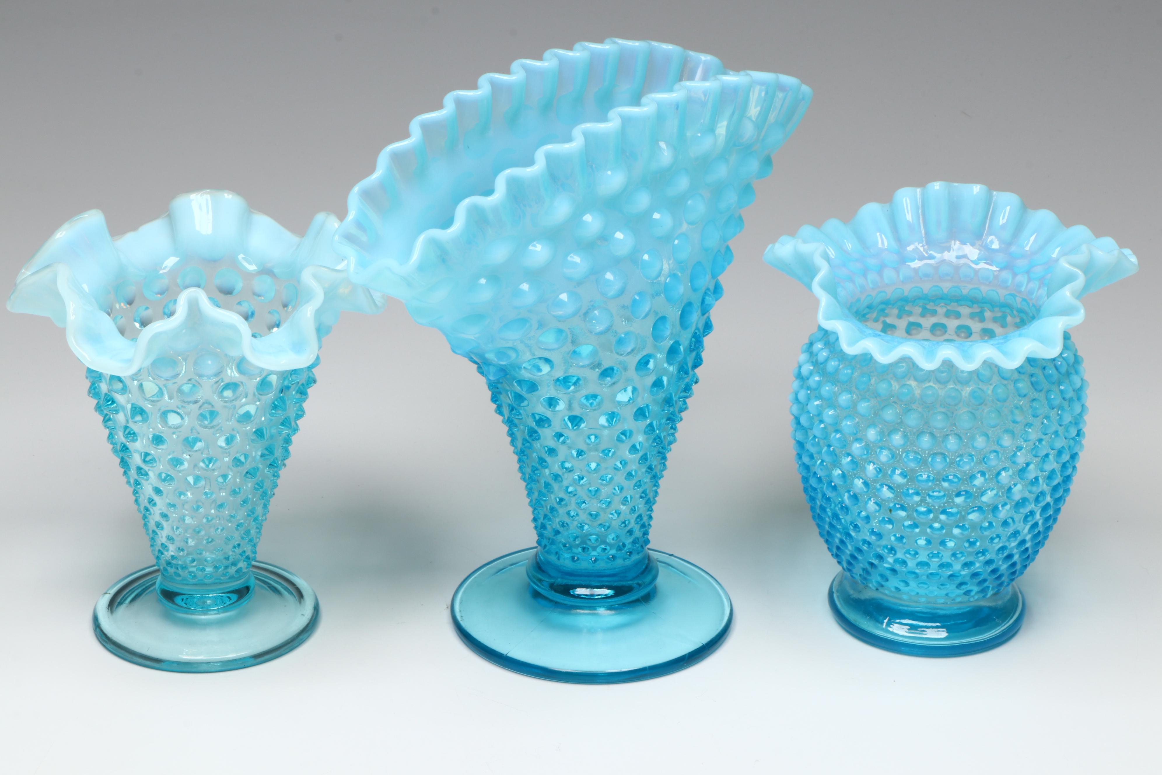 Fenton Hobnail Opalescent Blue Fan Vase and Ruffled Dish with More Glass