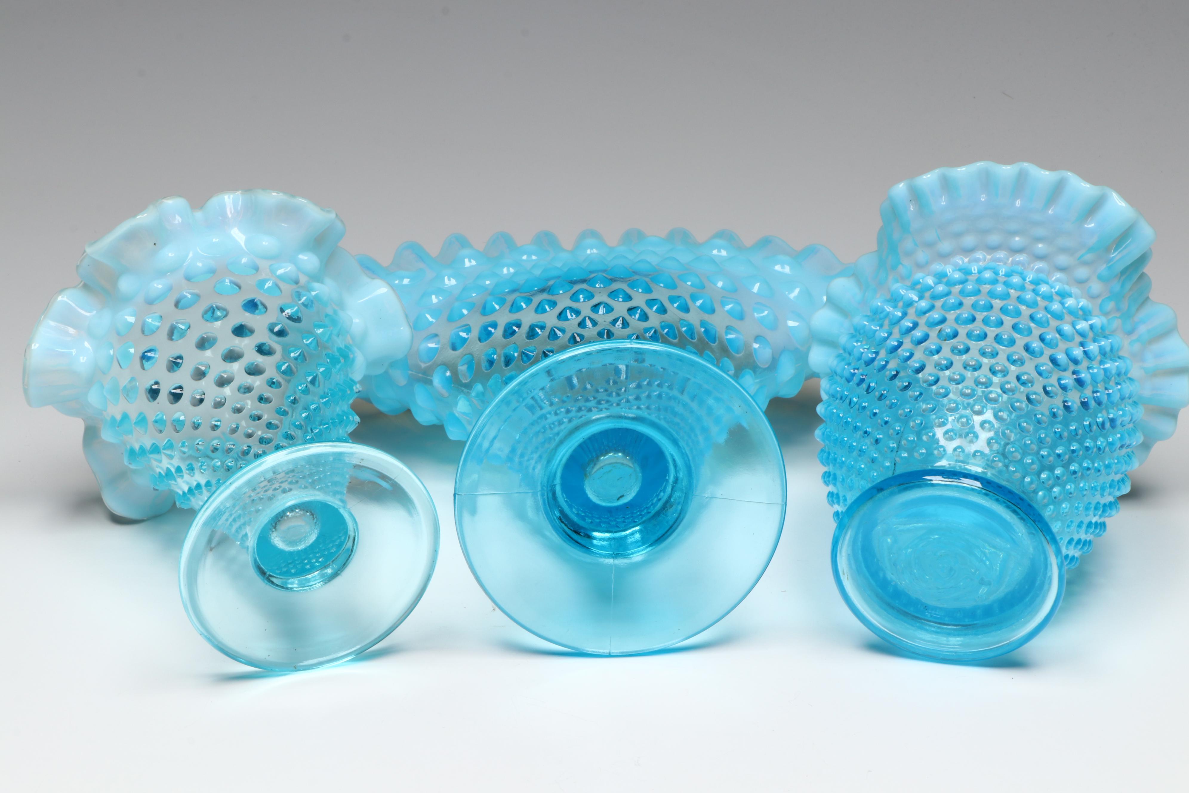 Fenton Hobnail Opalescent Blue Fan Vase and Ruffled Dish with More Glass
