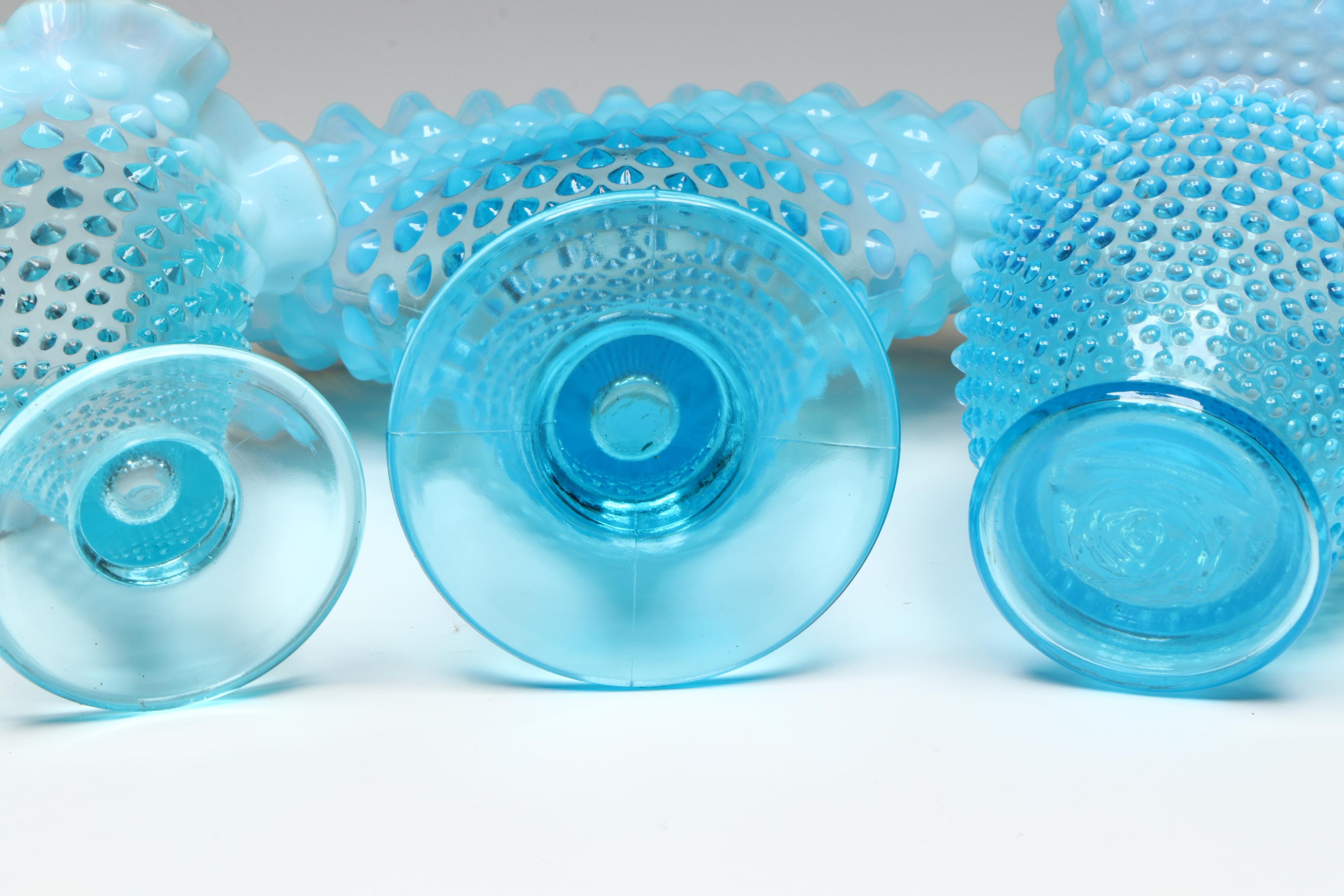 Fenton Hobnail Opalescent Blue Fan Vase and Ruffled Dish with More Glass