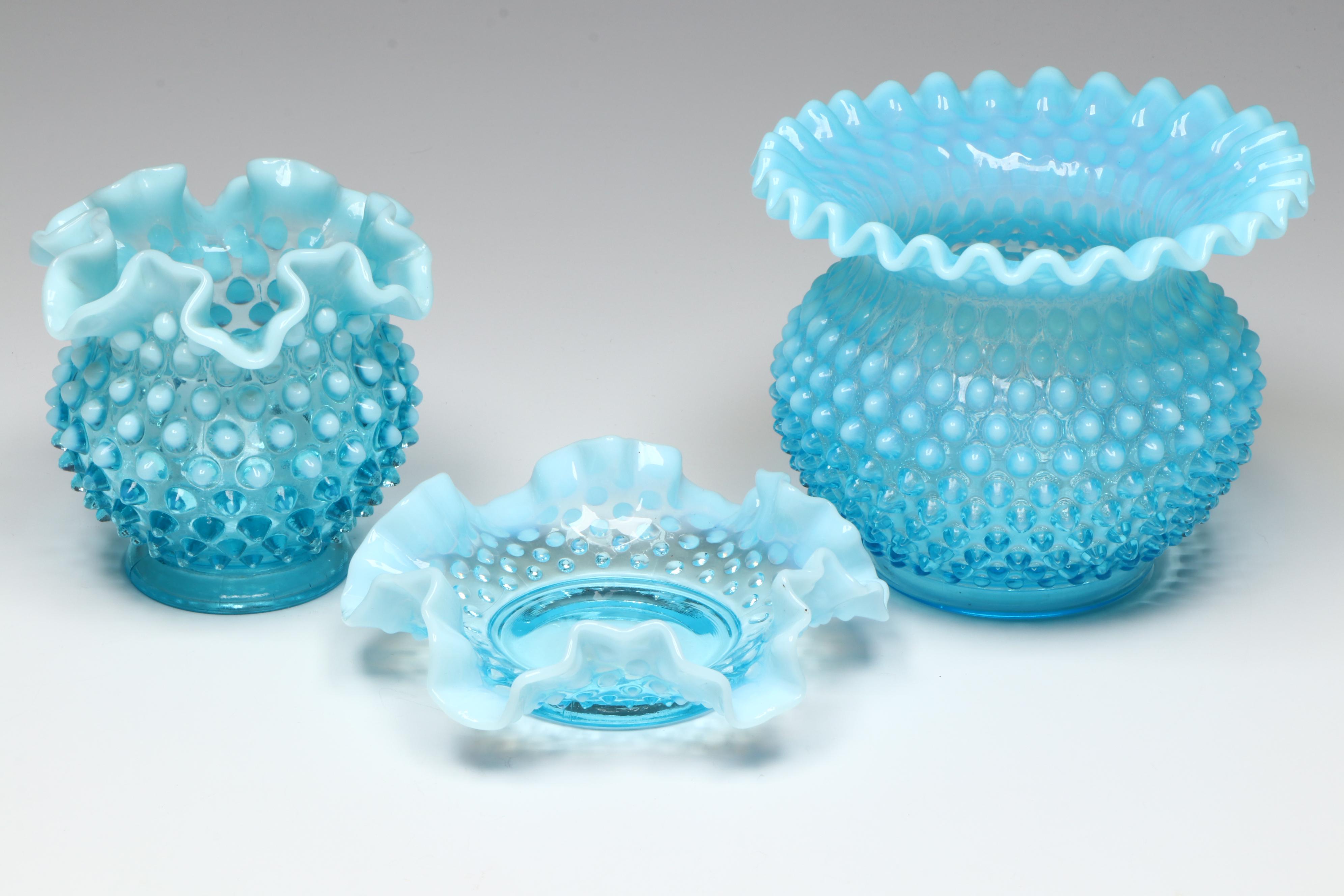 Fenton Hobnail Opalescent Blue Fan Vase and Ruffled Dish with More Glass