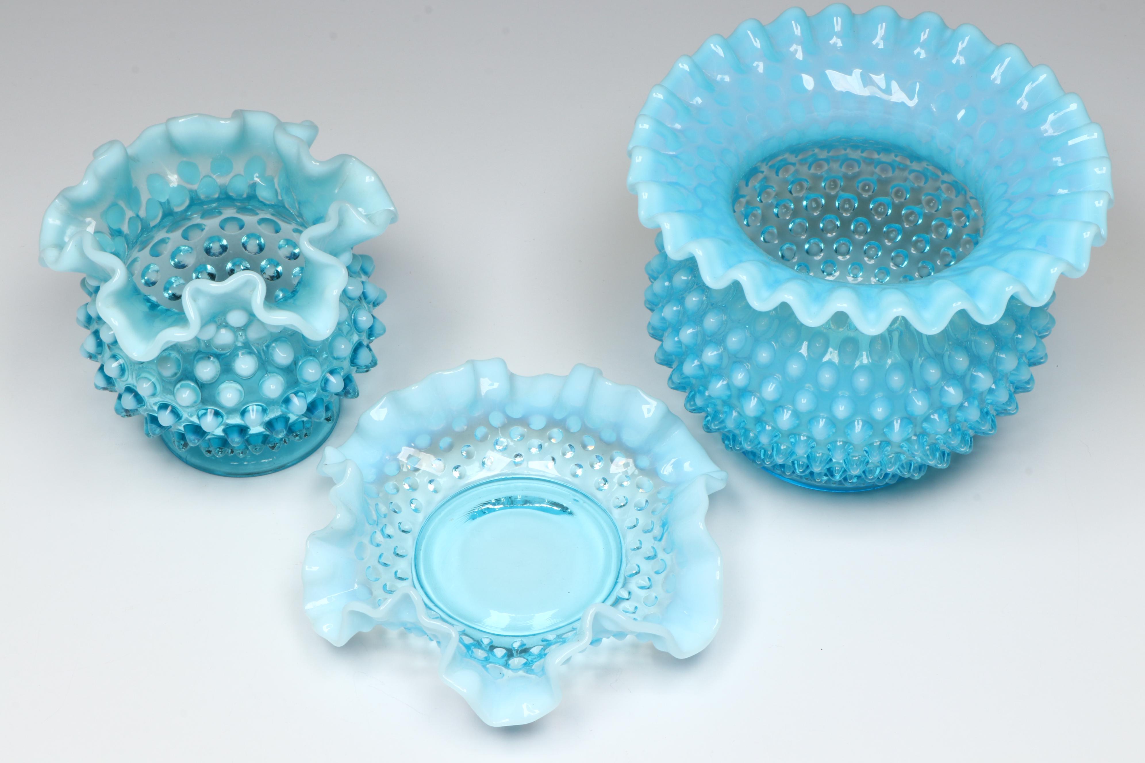Fenton Hobnail Opalescent Blue Fan Vase and Ruffled Dish with More Glass