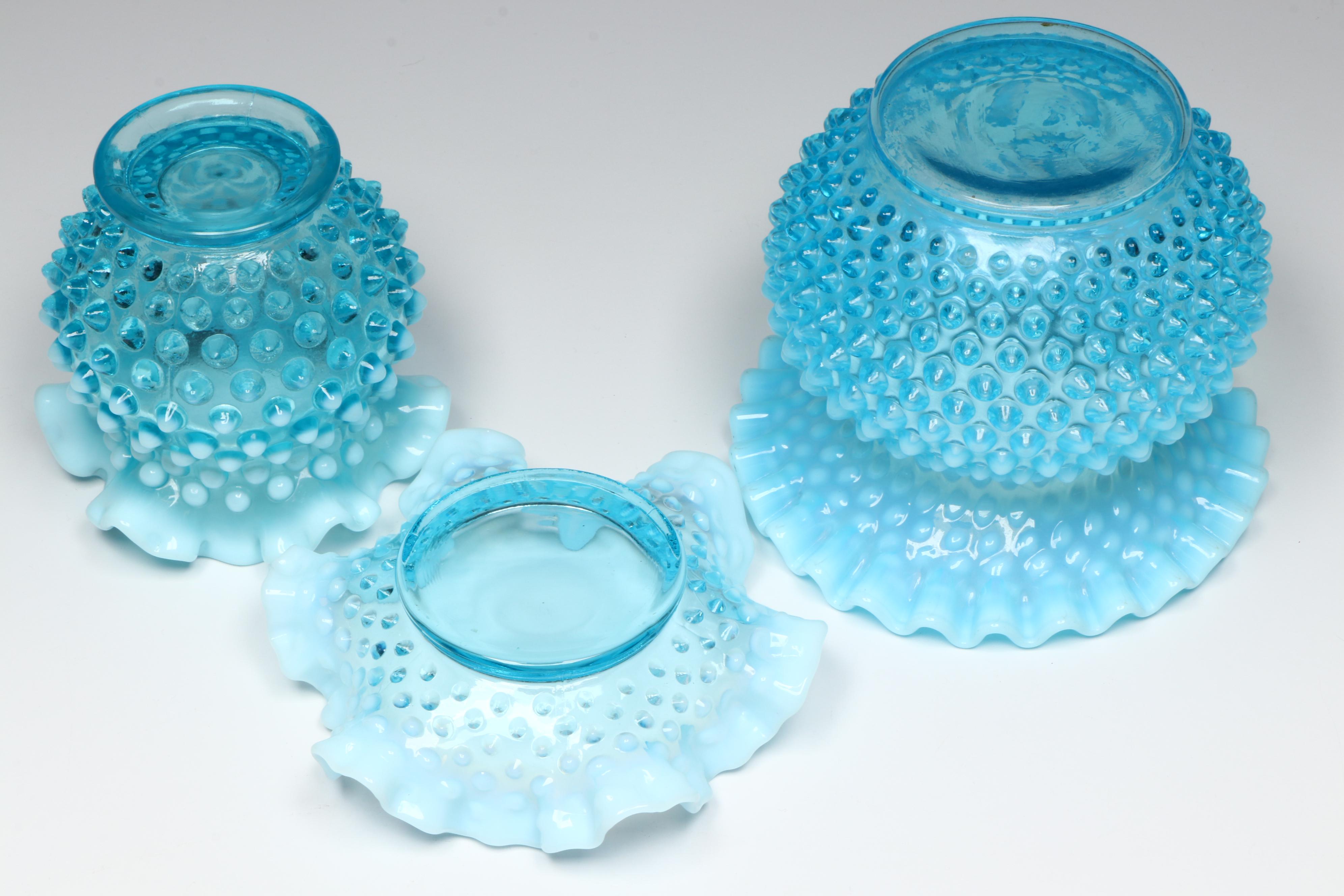 Fenton Hobnail Opalescent Blue Fan Vase and Ruffled Dish with More Glass