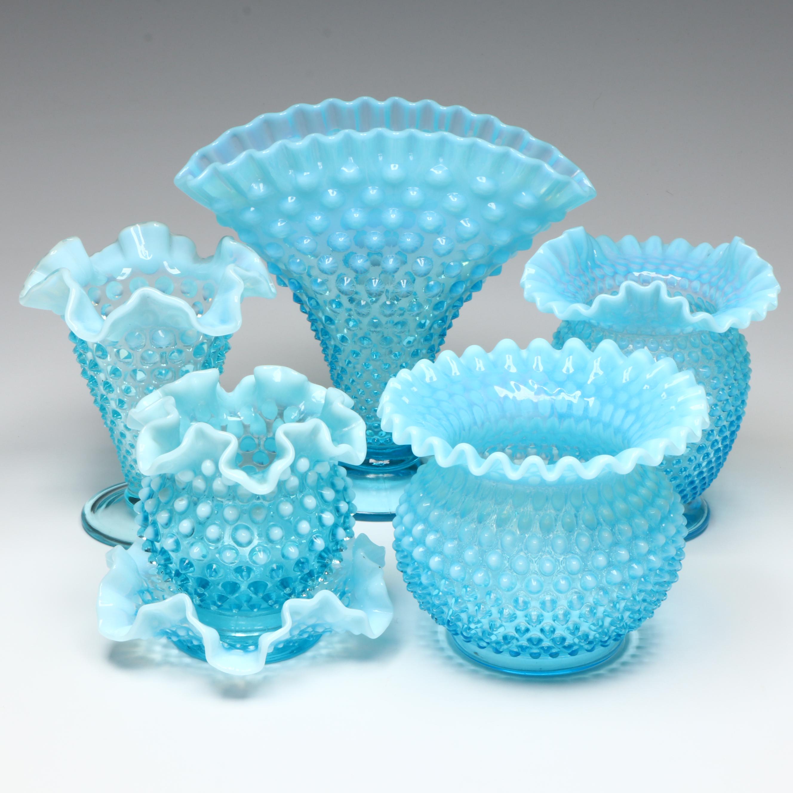 Fenton Hobnail Opalescent Blue Fan Vase and Ruffled Dish with More Glass