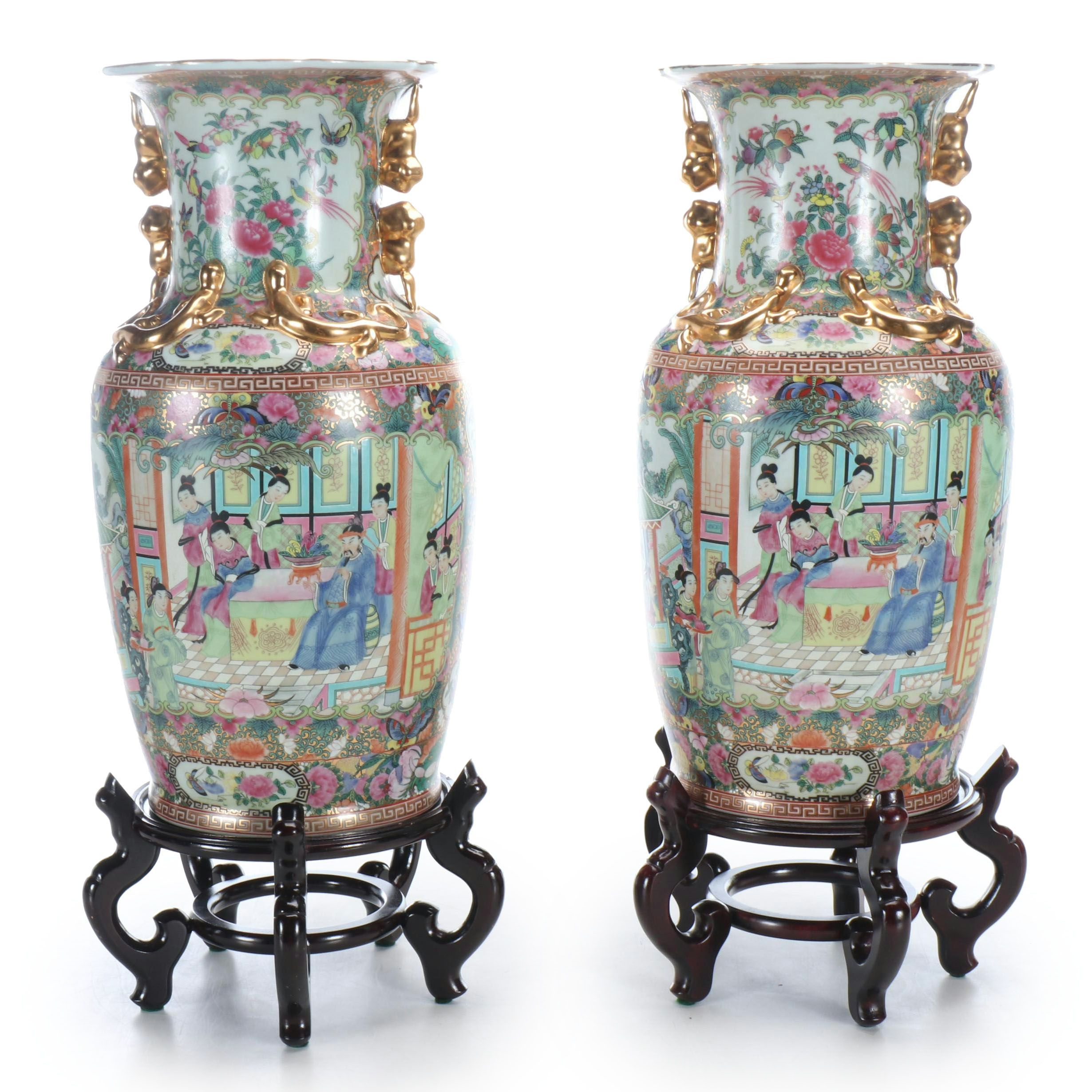Pair of Chinese Rose Medallion Porcelain Floor Vases on Wood Stands