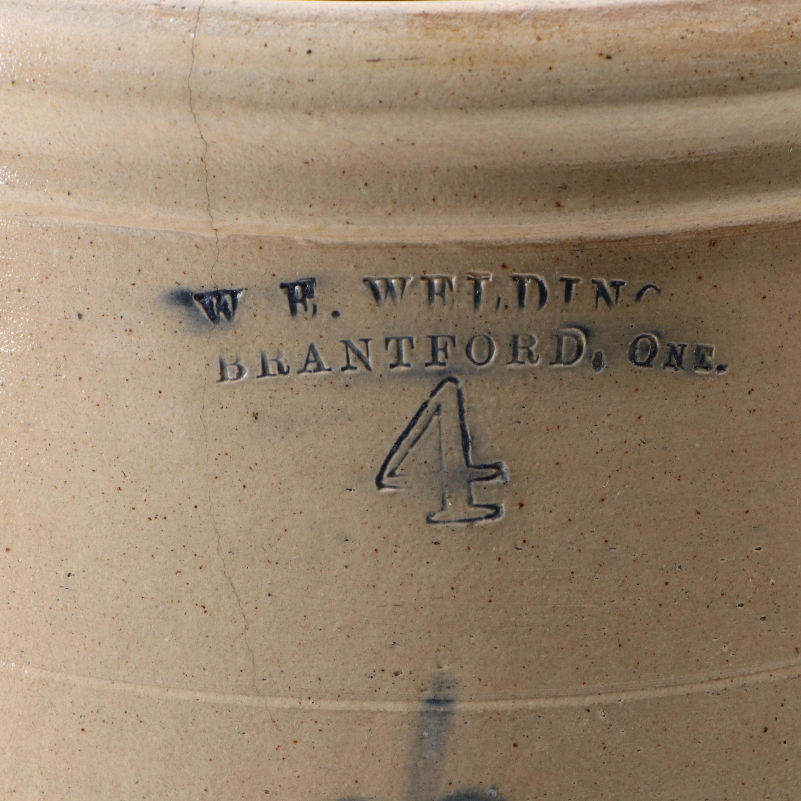 W. E. Welding Canadian Salt Glazed Stoneware Crock with Freehand Cobalt Design