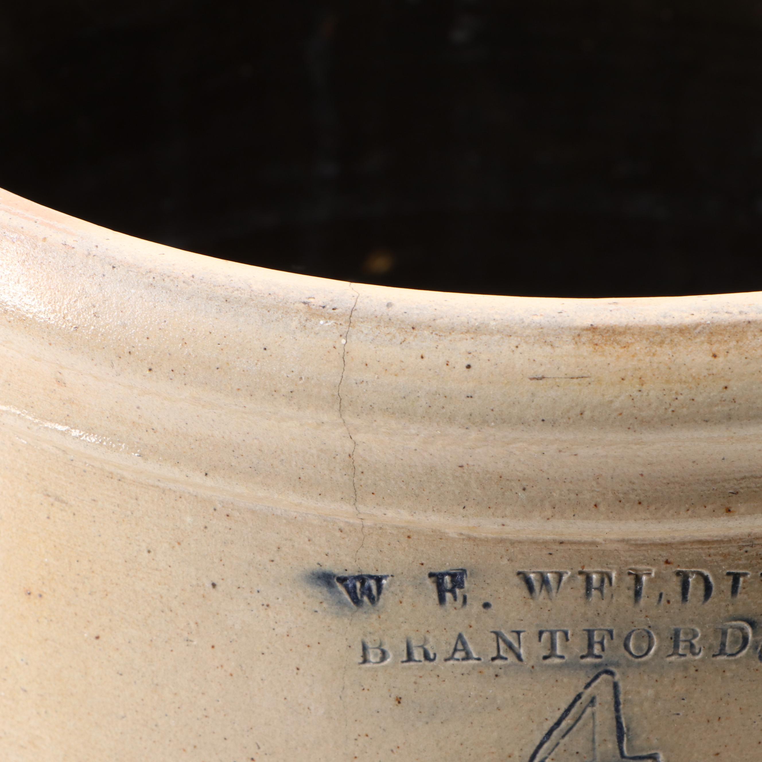 W. E. Welding Canadian Salt Glazed Stoneware Crock with Freehand Cobalt Design