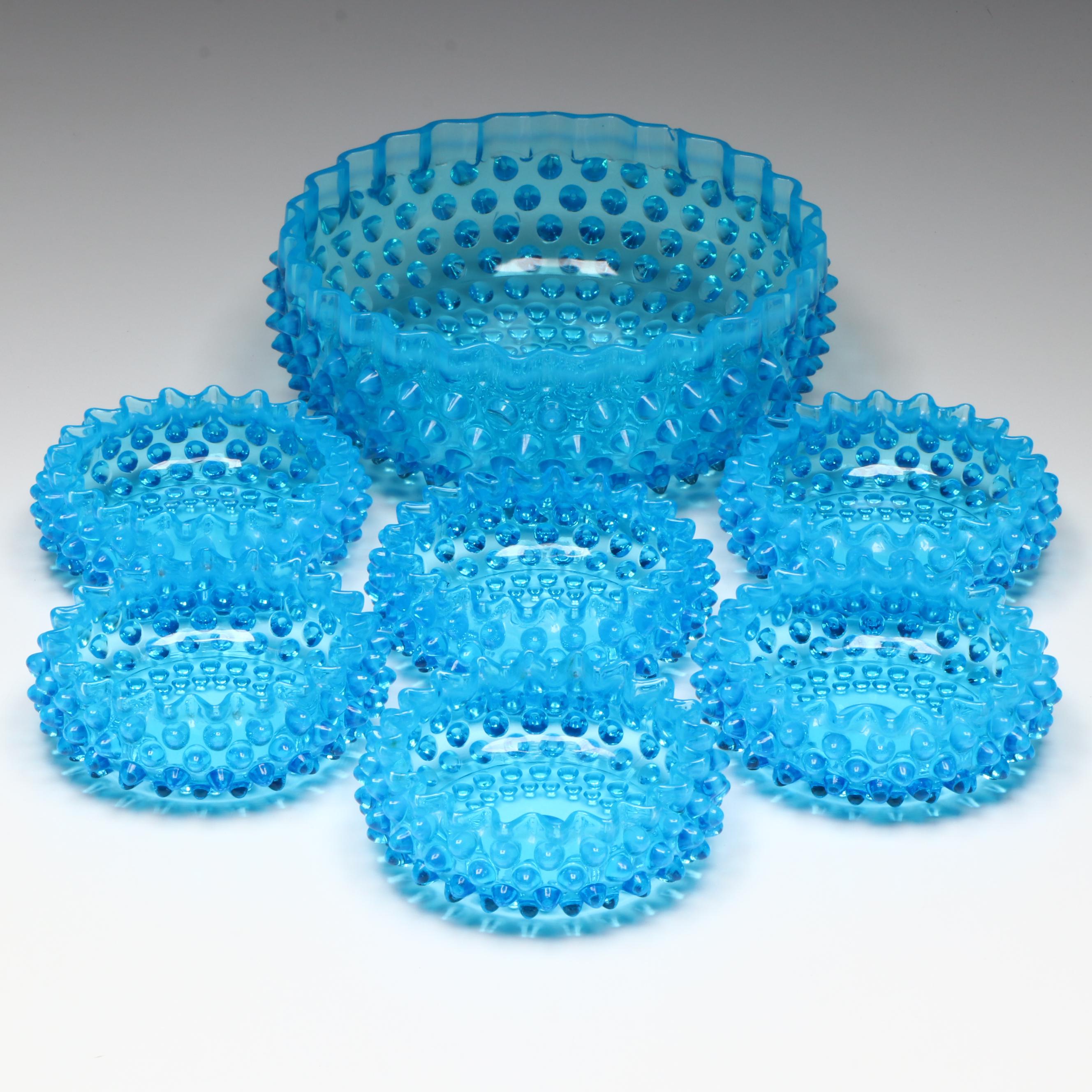 Fenton Hobnail Colonial Blue Glass Serving Bowl Set, Mid-20th Century