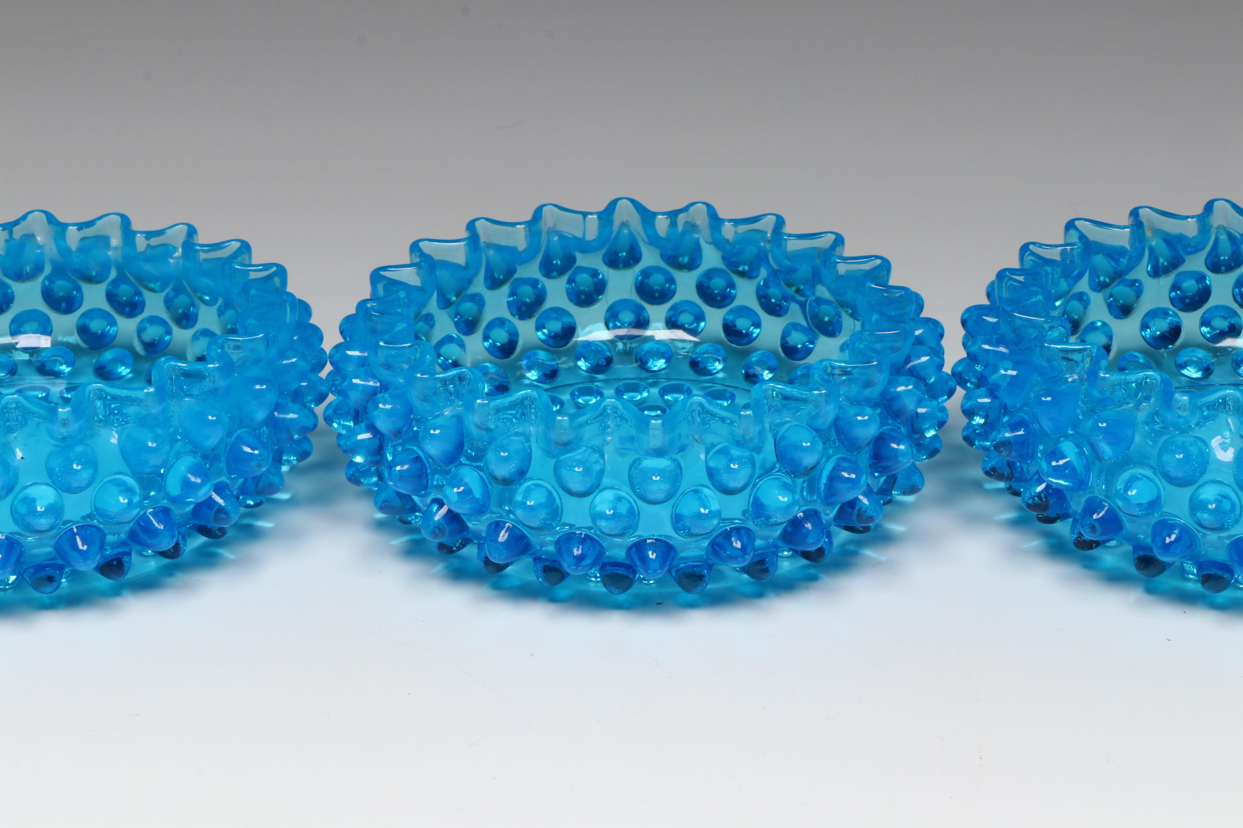 Fenton Hobnail Colonial Blue Glass Serving Bowl Set, Mid-20th Century