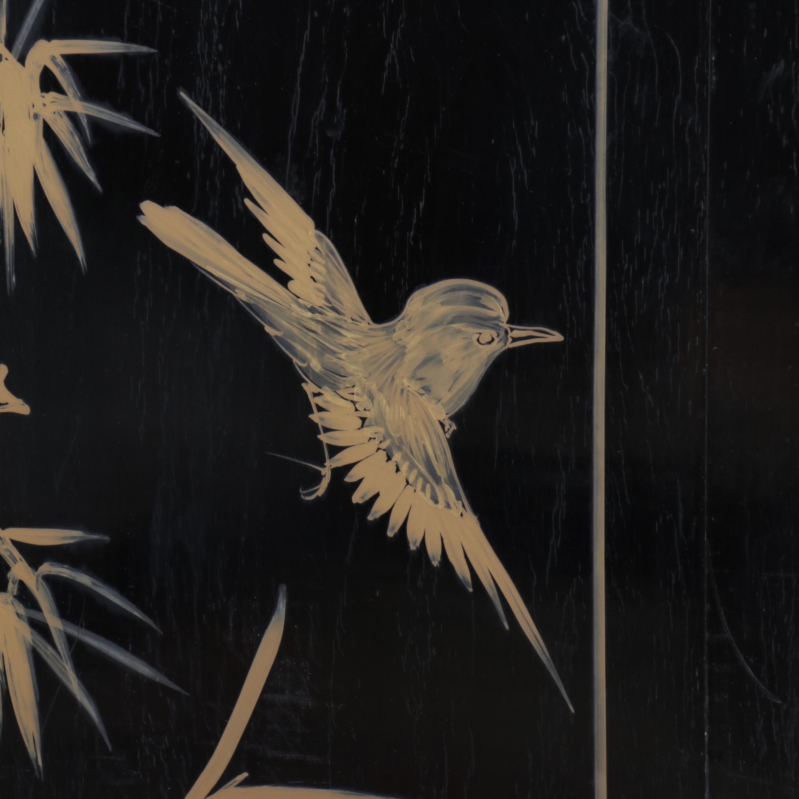 Chinese Hand-Decorated Lacquered Wood Four-Panel Room Screen