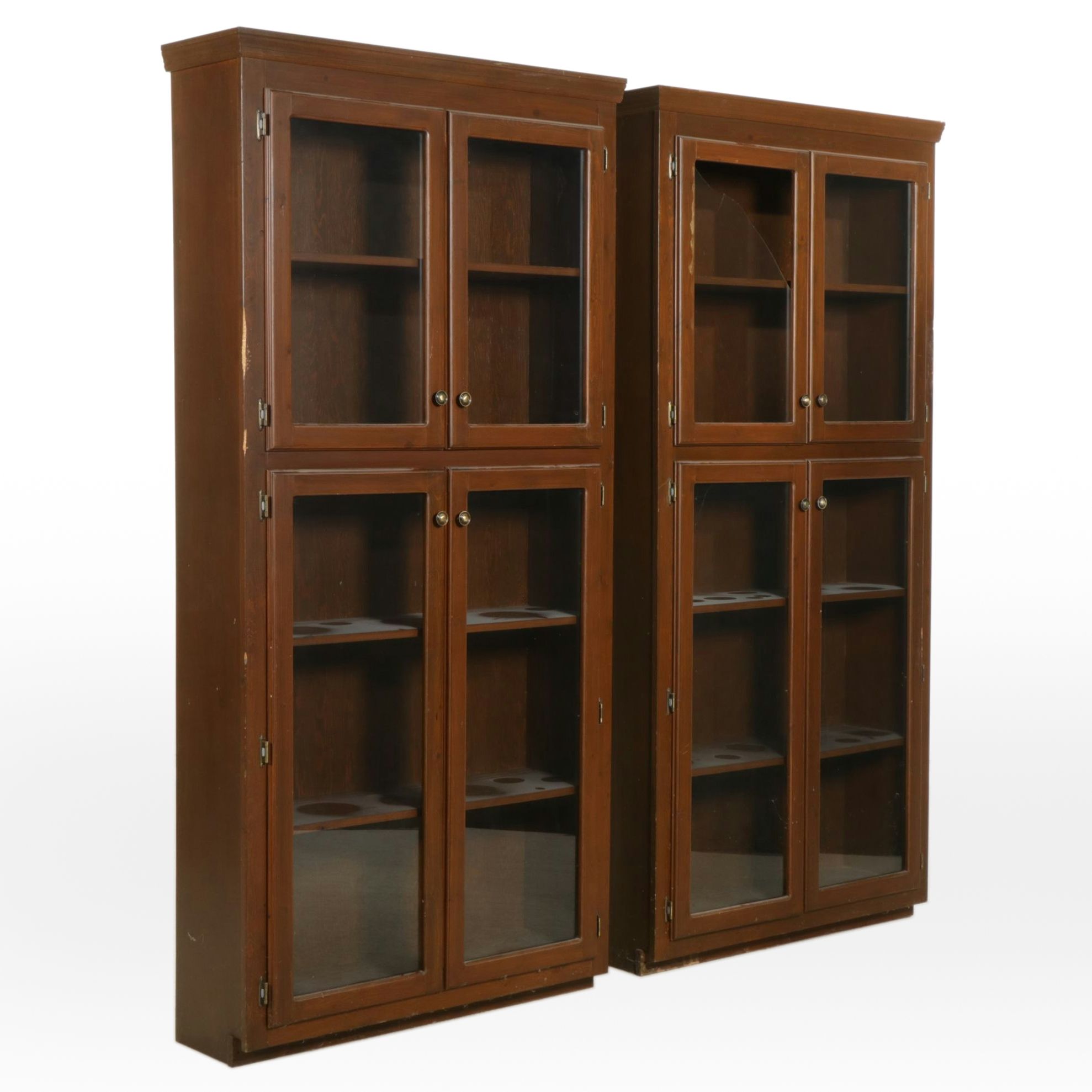 Pair of Stained Pine Storage Shelves with Glass Doors, Late 20th Century