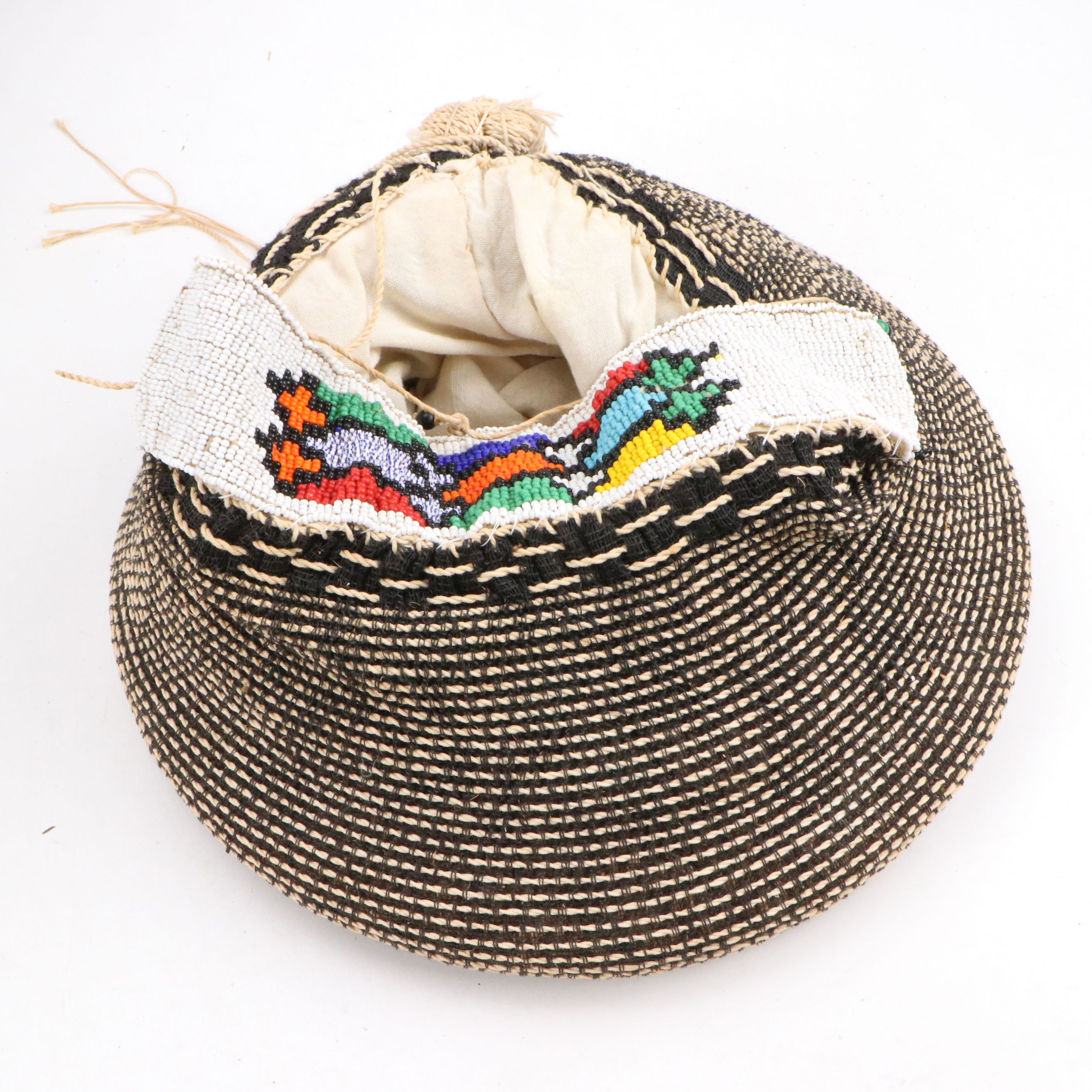 South African Beaded & Woven Isicholo Status Hat, and Woven Twig Basket