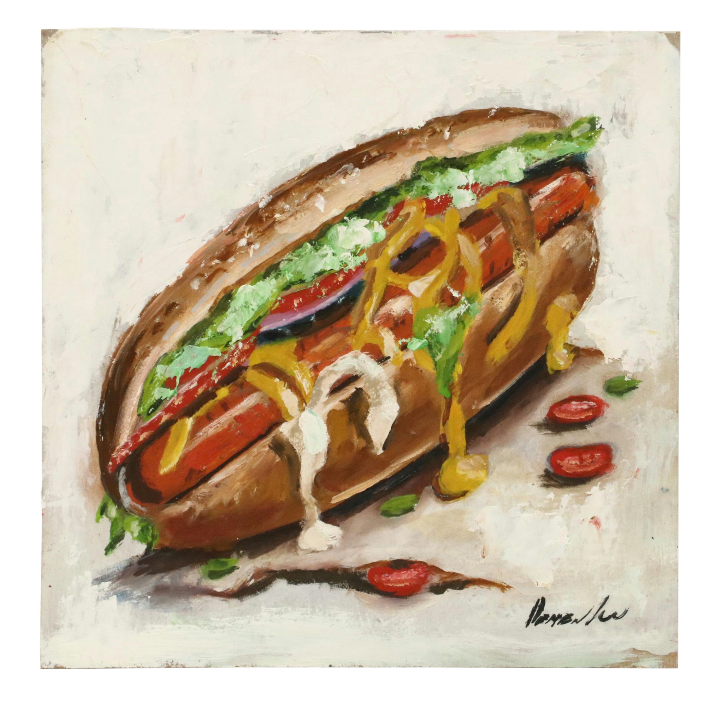 Natalie Demenko Oil Painting of Hot Dog, 21st Century