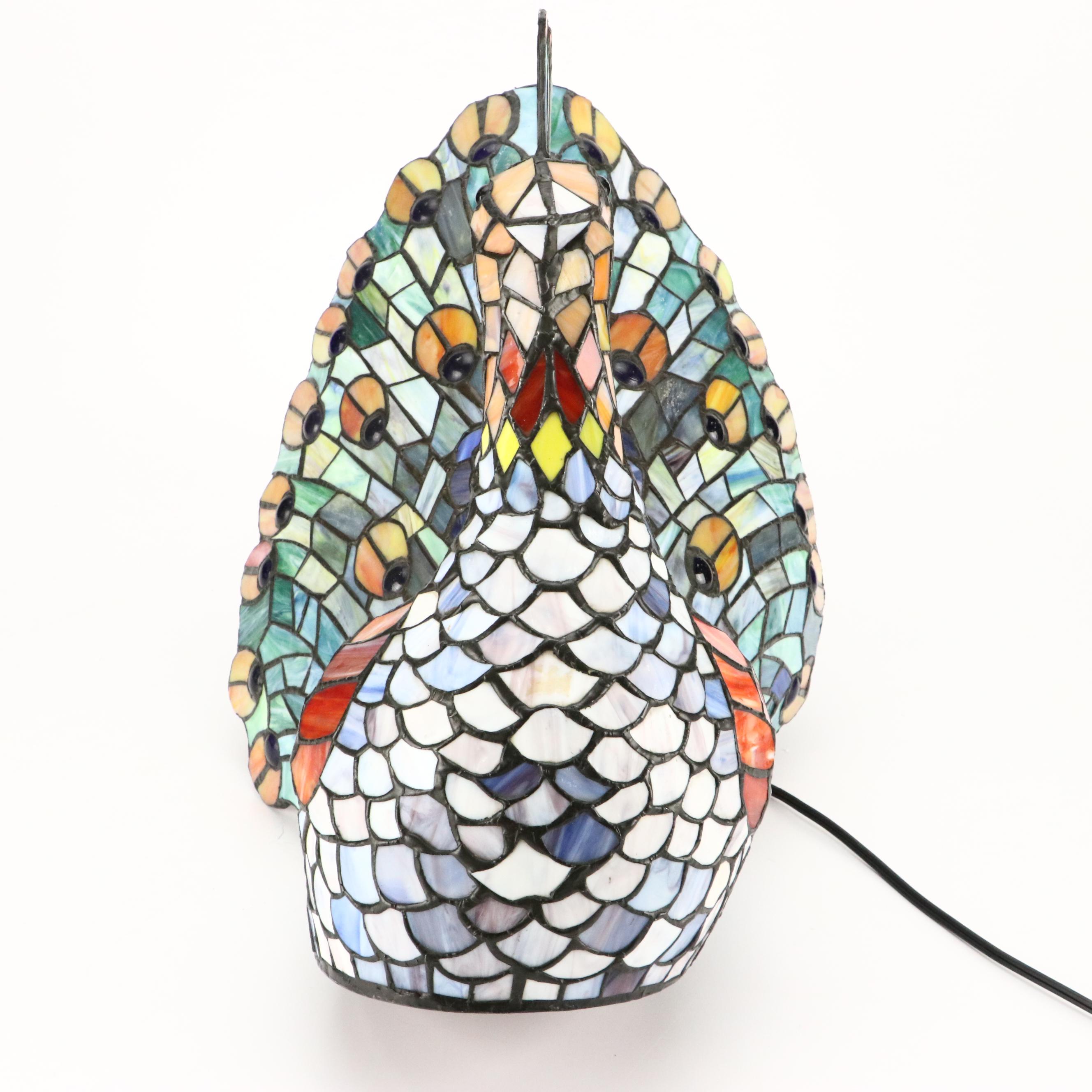 Slag Glass and Jeweled Peacock Novelty Lamp