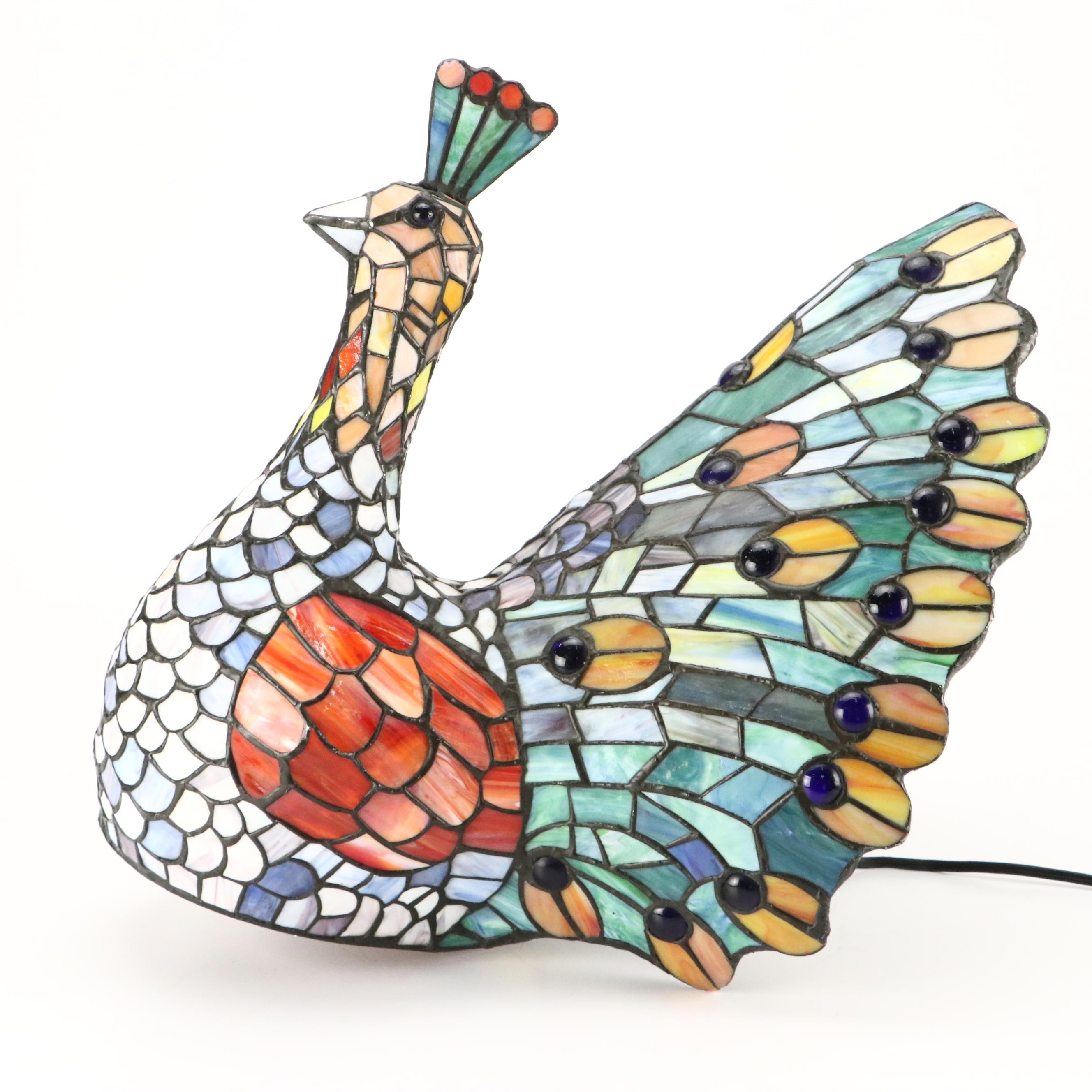Slag Glass and Jeweled Peacock Novelty Lamp