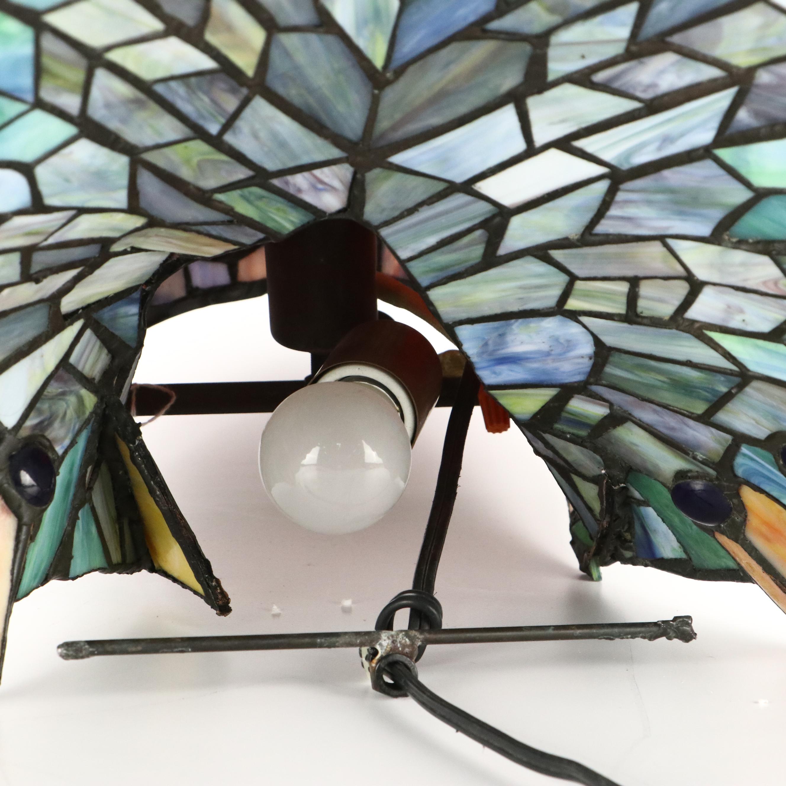 Slag Glass and Jeweled Peacock Novelty Lamp