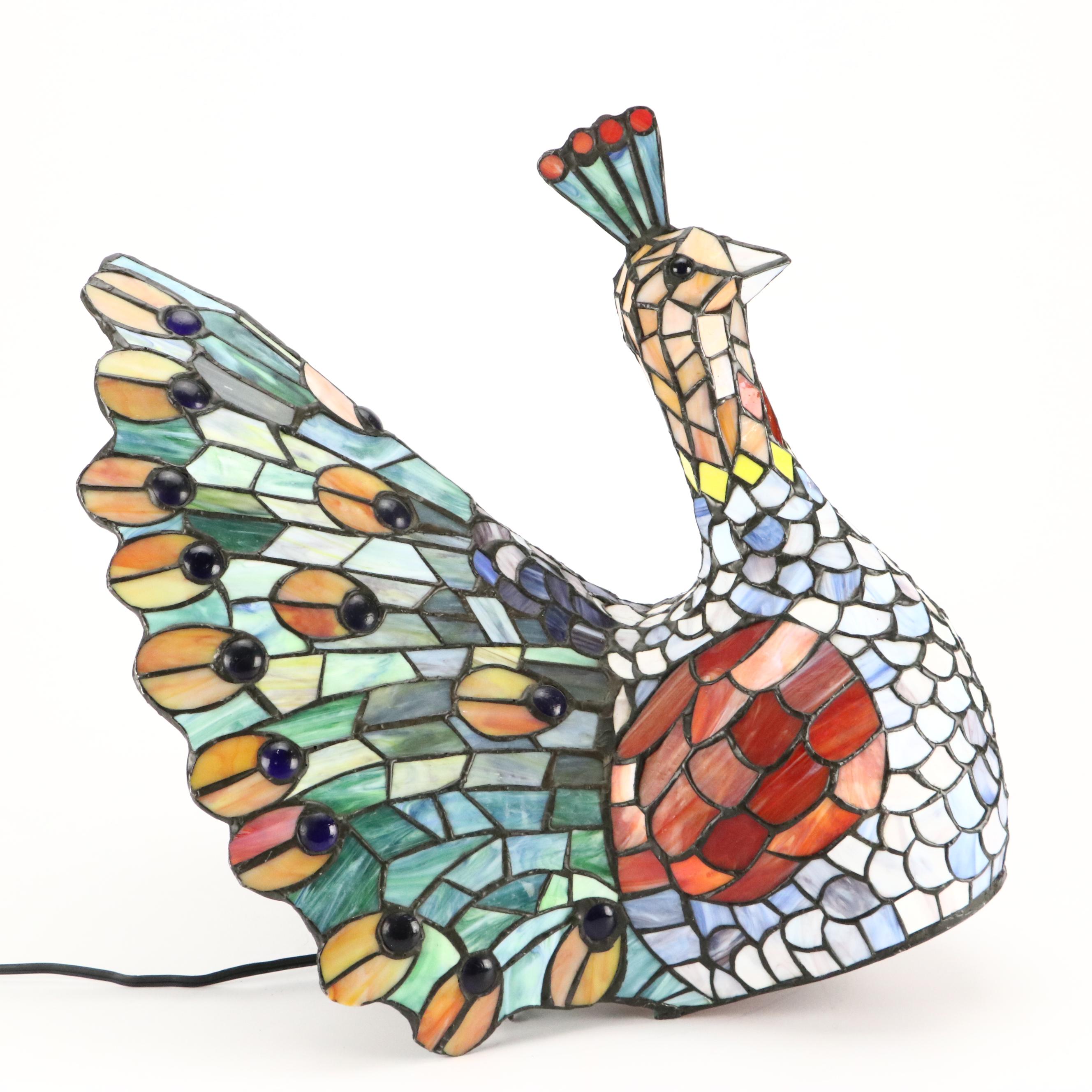Slag Glass and Jeweled Peacock Novelty Lamp