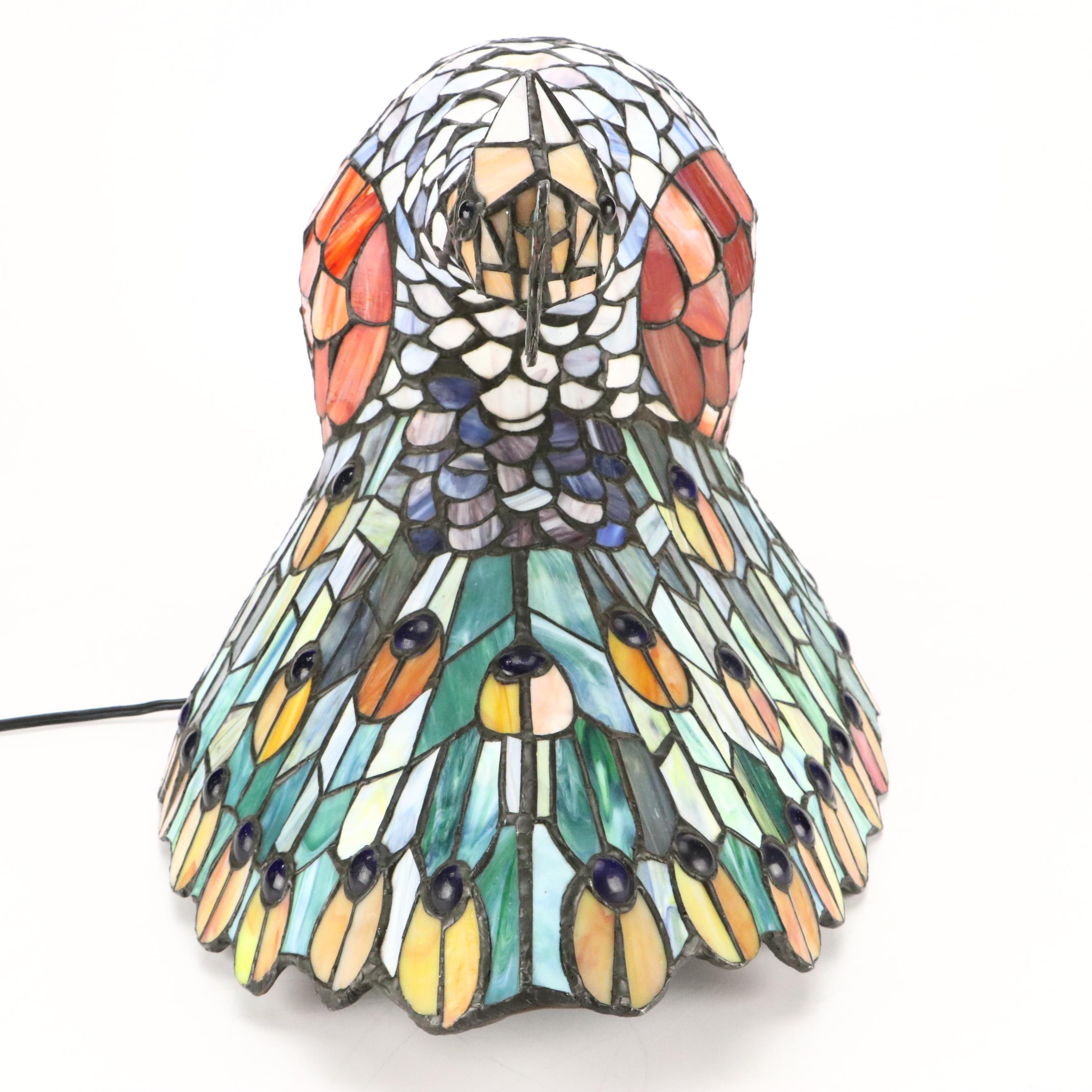 Slag Glass and Jeweled Peacock Novelty Lamp
