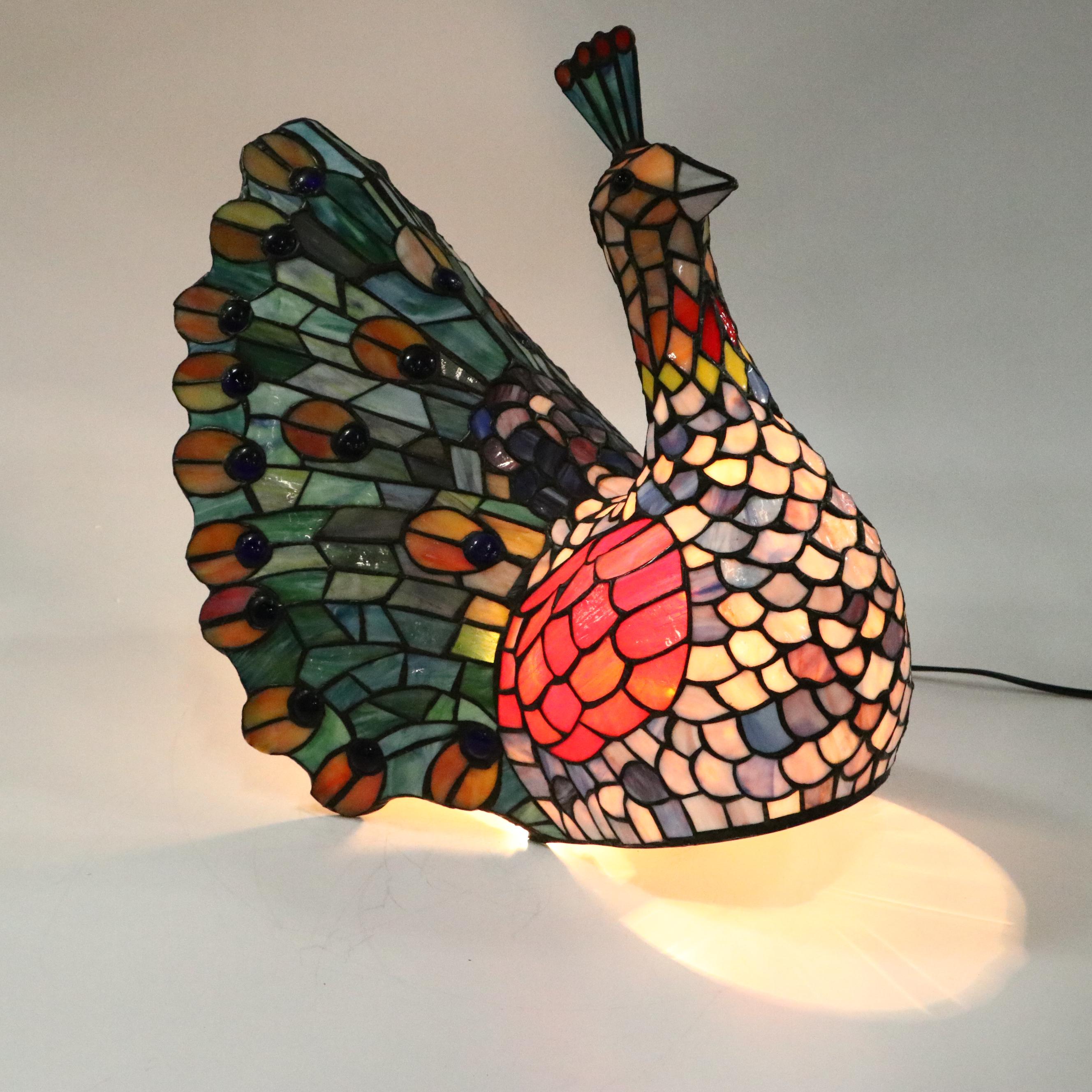 Slag Glass and Jeweled Peacock Novelty Lamp