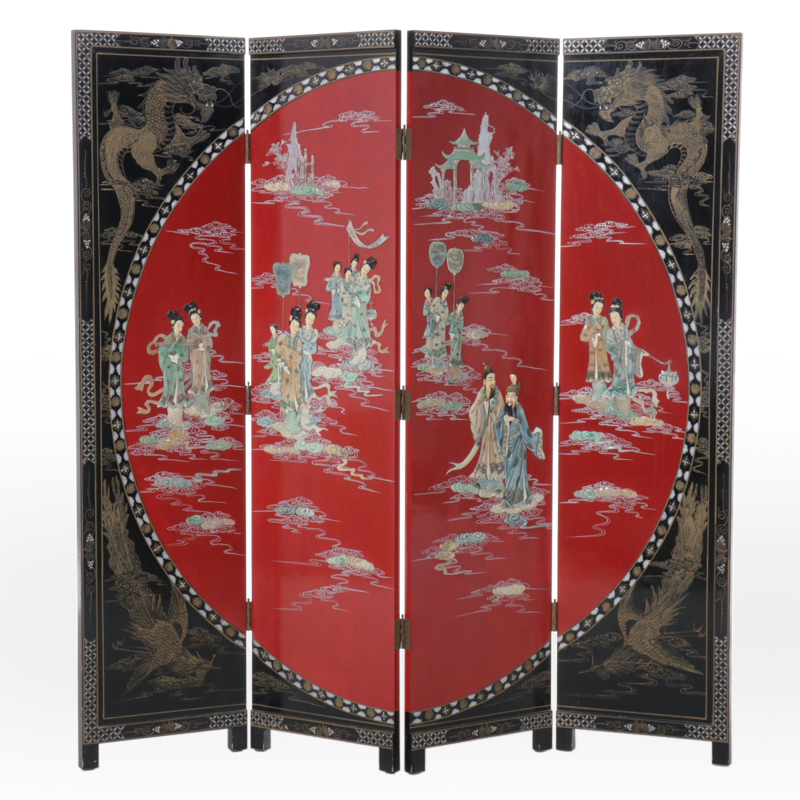 Chinese Hand-Decorated Lacquered Wood Four-Panel Room Screen
