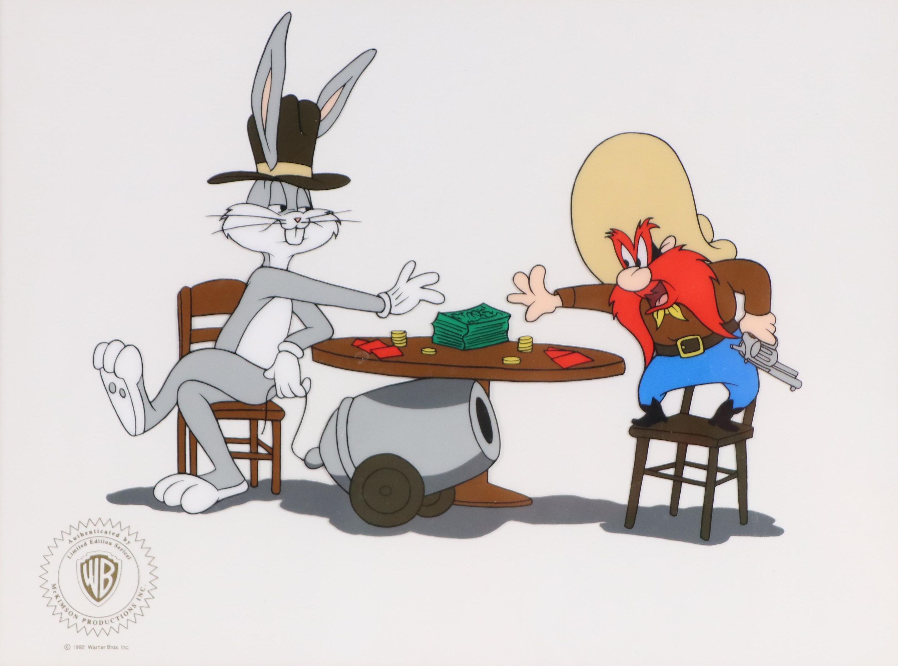 Looney Tunes Sericel of Bugs Bunny and Yosemite Sam "Loaded Hands," 1992