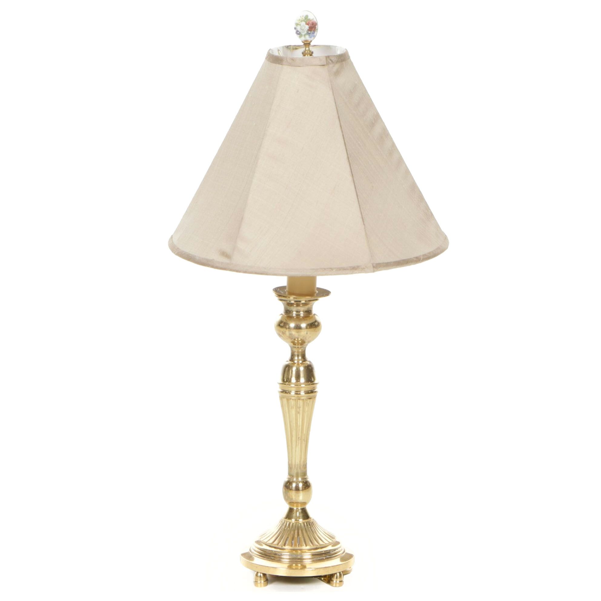Brass Candlestick Table Lamp with Hand-Painted Floral Finial