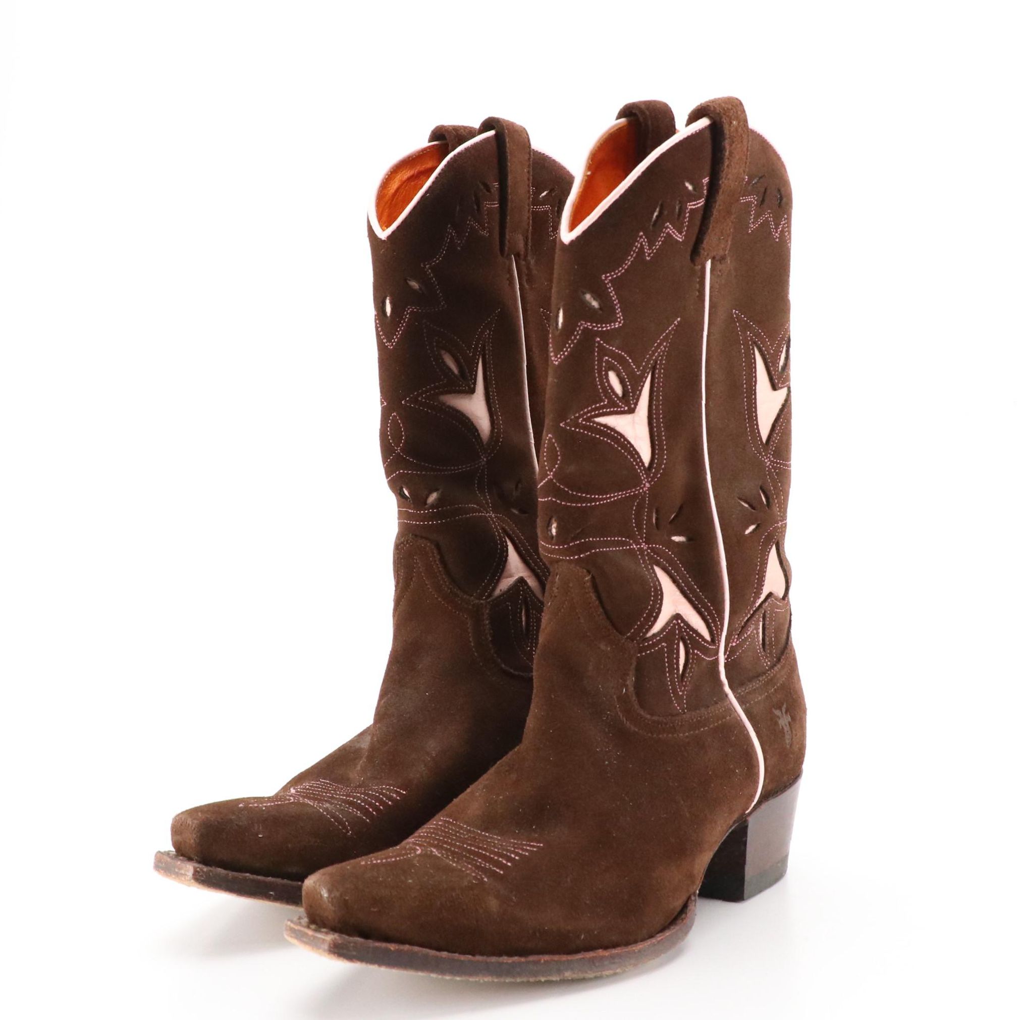 Frye 77150 Western Boots in Brown Suede with Pink Leather Inlays