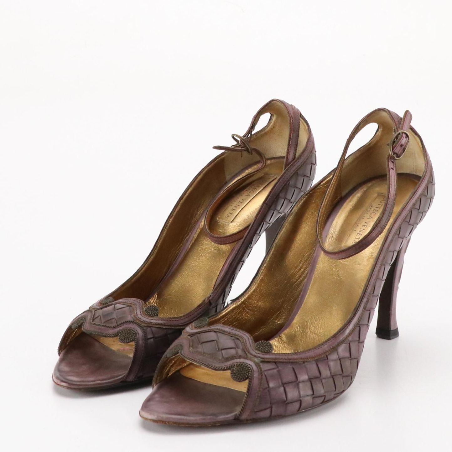 Bottega Veneta Carved Heel Ankle Strap Peep-Toe Pumps in Intrecciato Leather