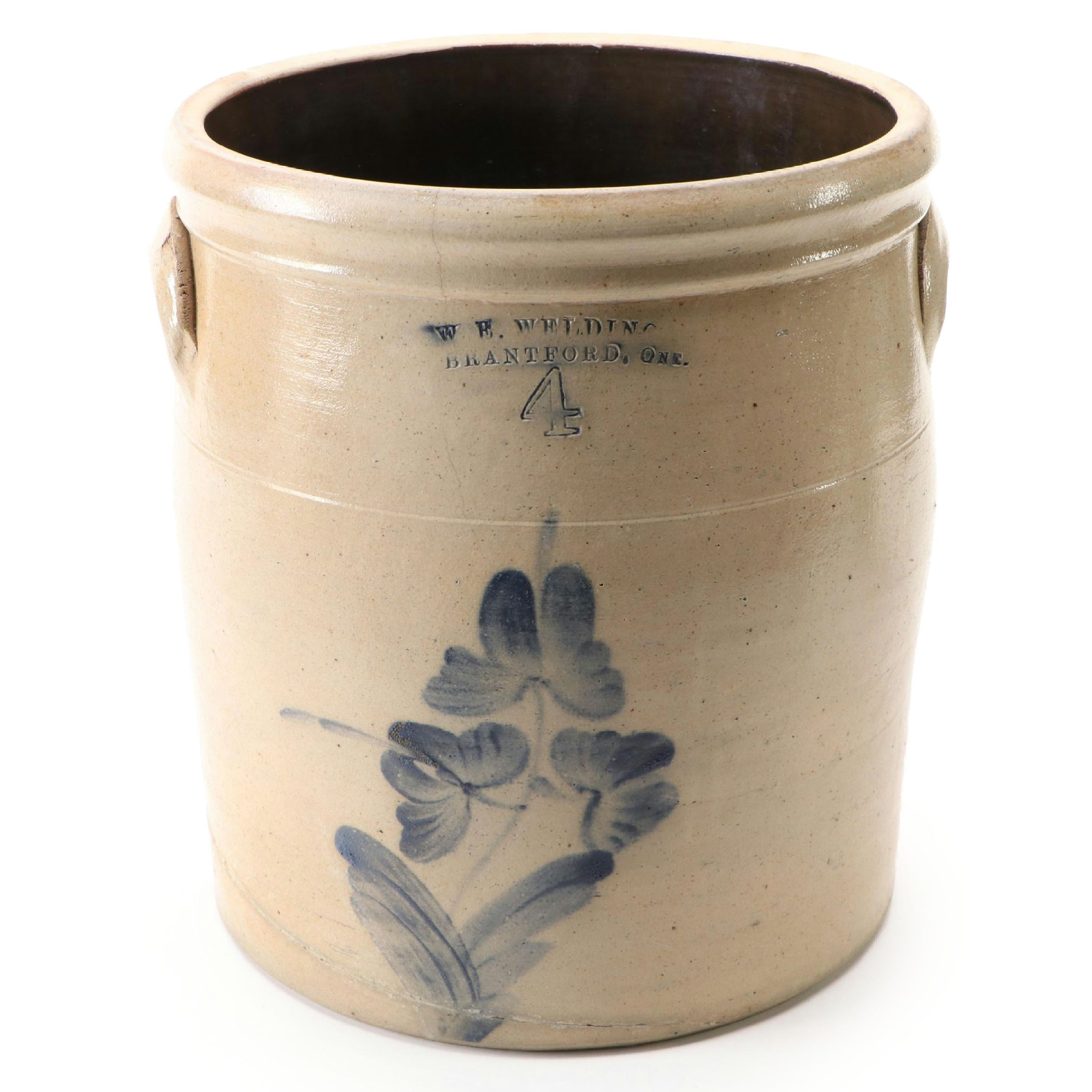 W. E. Welding Canadian Salt Glazed Stoneware Crock with Freehand Cobalt Design