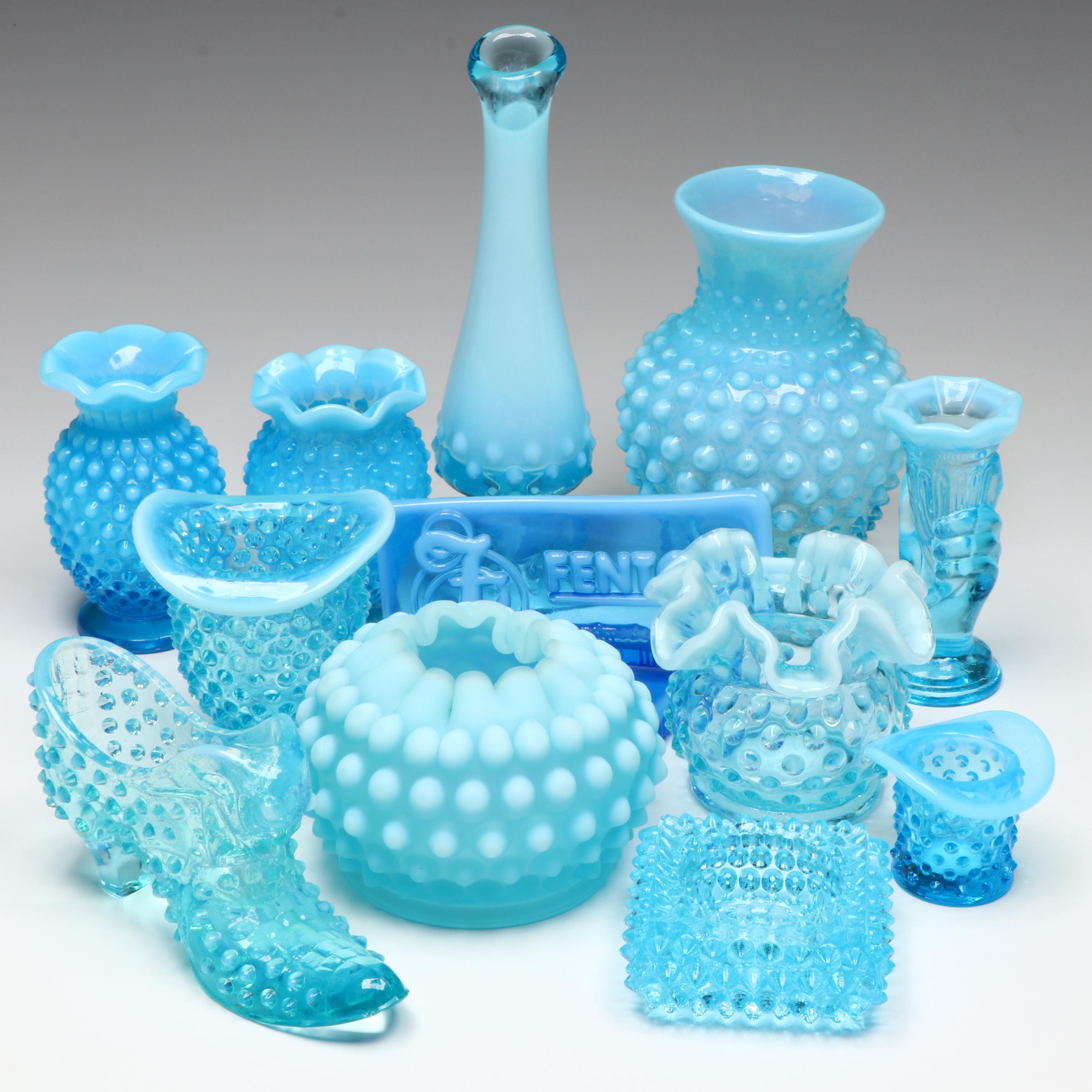 Fenton Hobnail Opalescent Blue Vases and Dealer Plaque with More Glass
