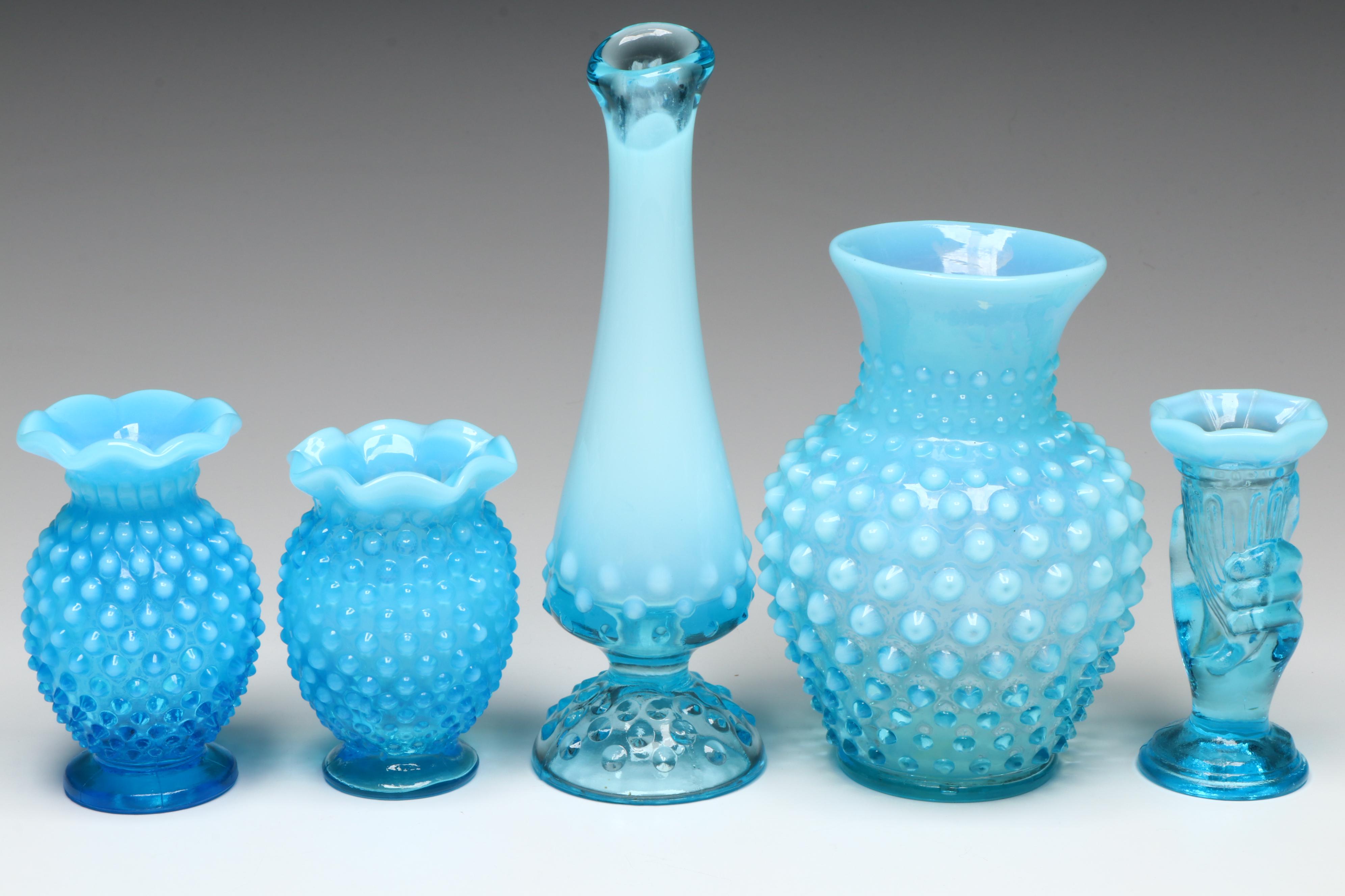 Fenton Hobnail Opalescent Blue Vases and Dealer Plaque with More Glass