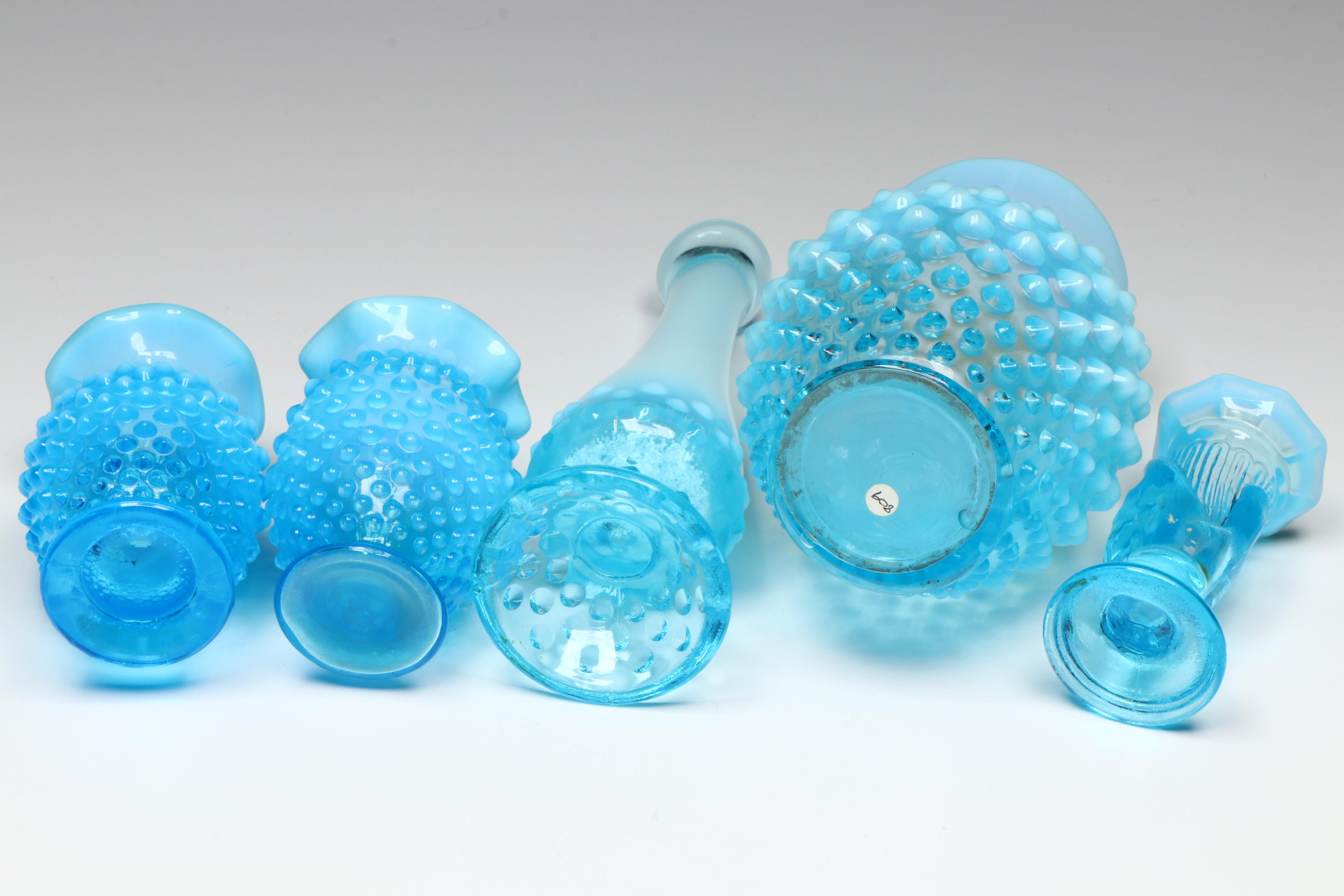 Fenton Hobnail Opalescent Blue Vases and Dealer Plaque with More Glass