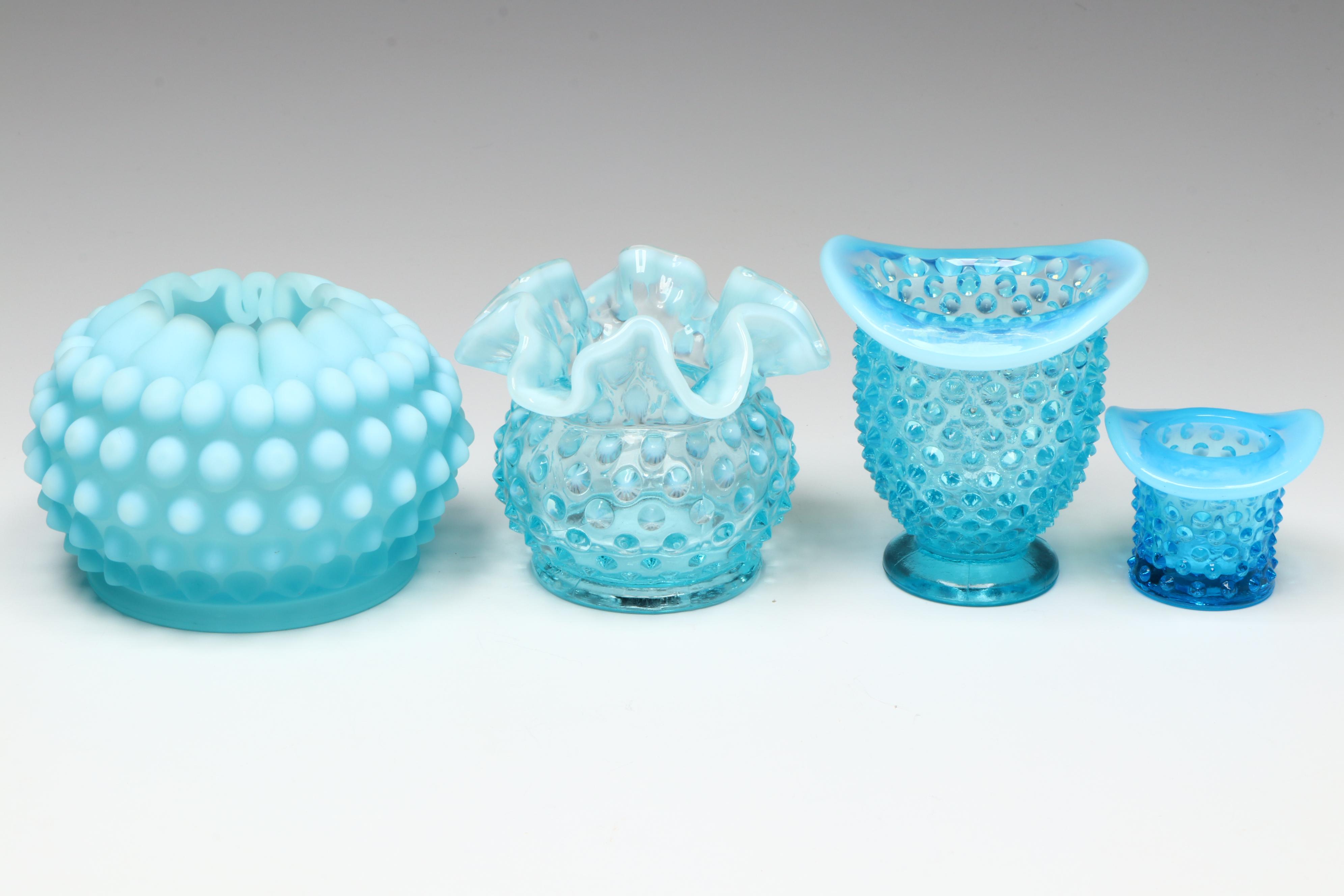 Fenton Hobnail Opalescent Blue Vases and Dealer Plaque with More Glass