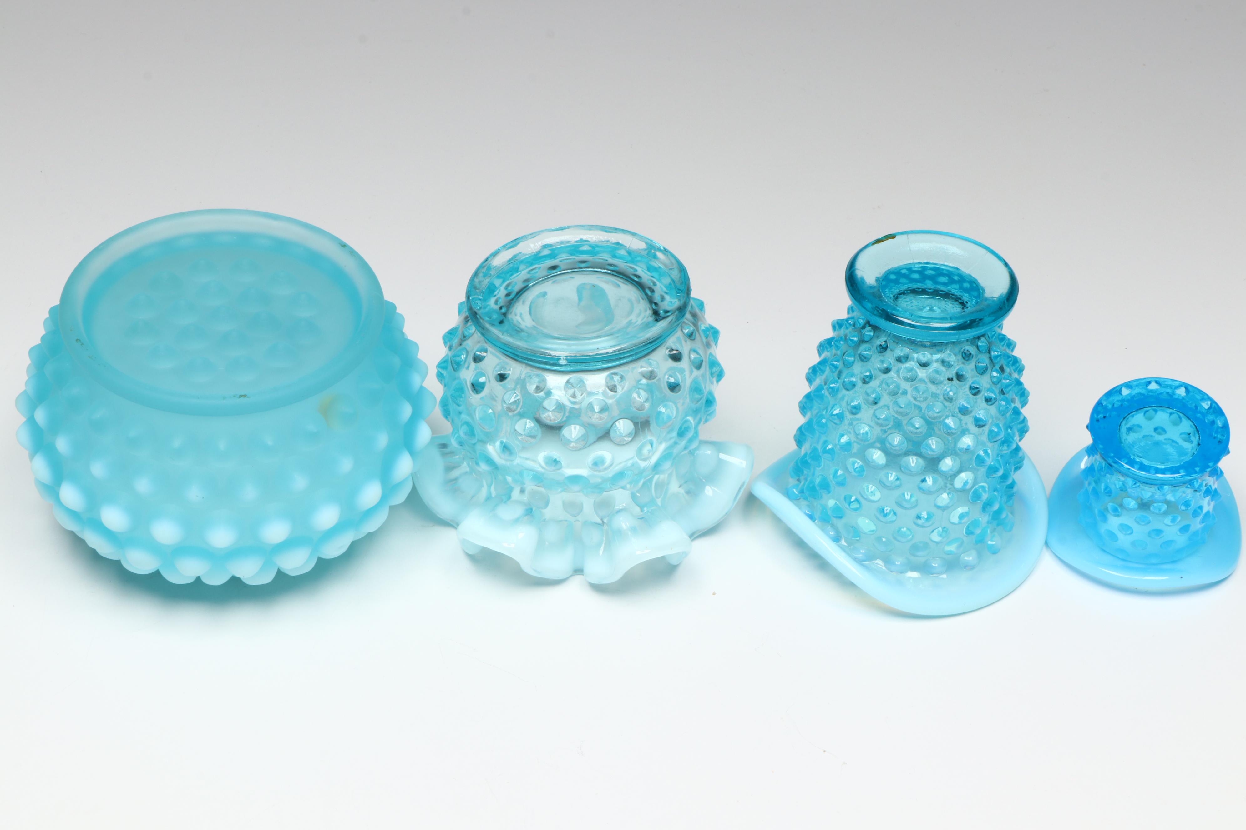 Fenton Hobnail Opalescent Blue Vases and Dealer Plaque with More Glass