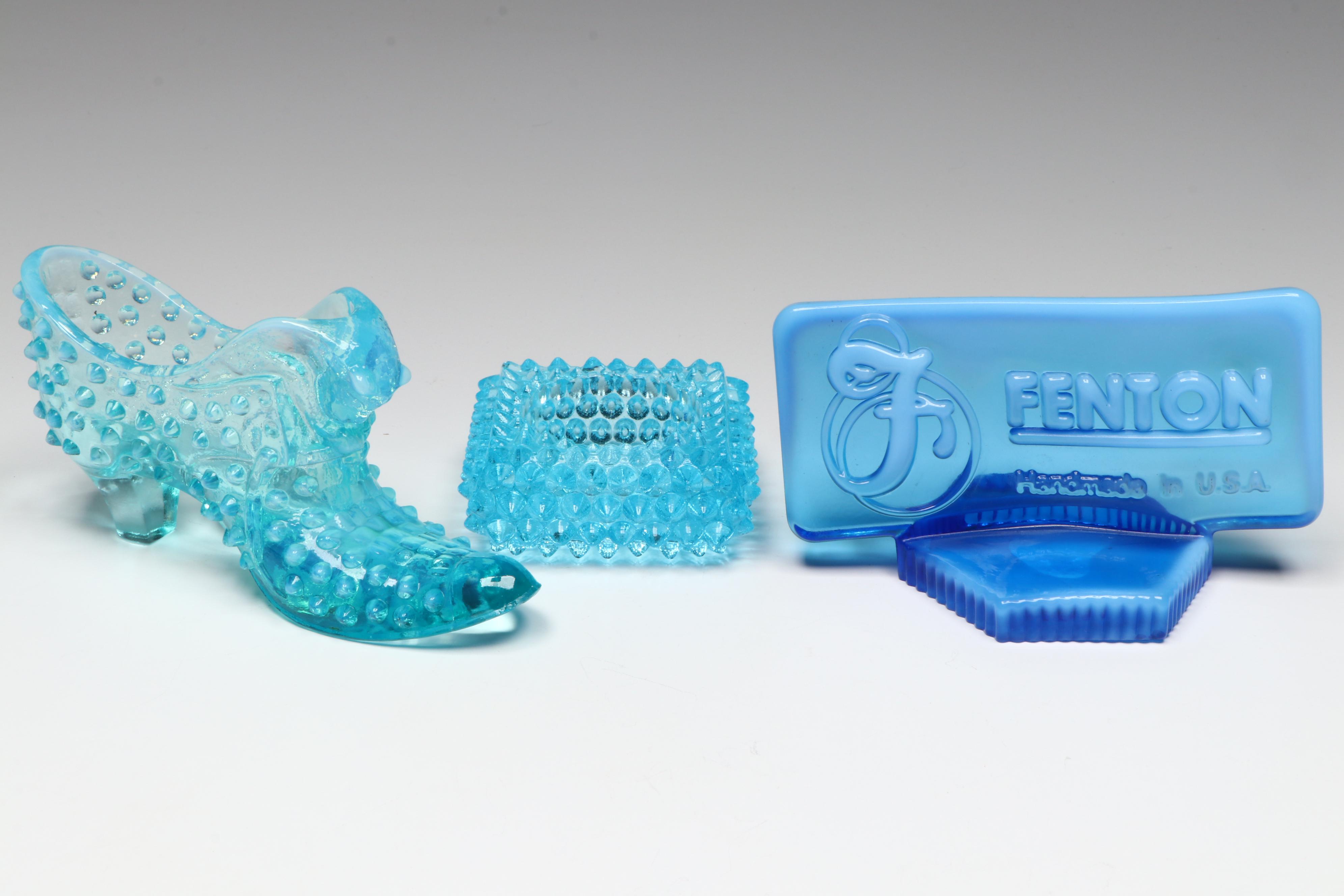 Fenton Hobnail Opalescent Blue Vases and Dealer Plaque with More Glass