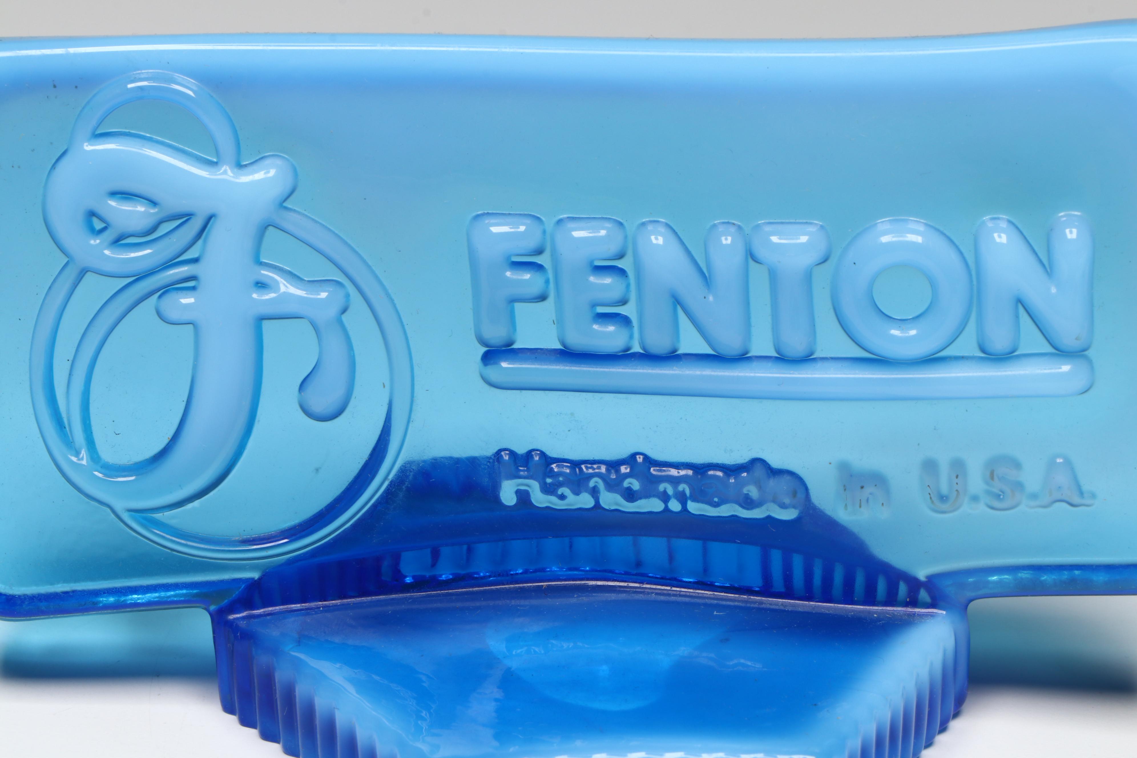 Fenton Hobnail Opalescent Blue Vases and Dealer Plaque with More Glass