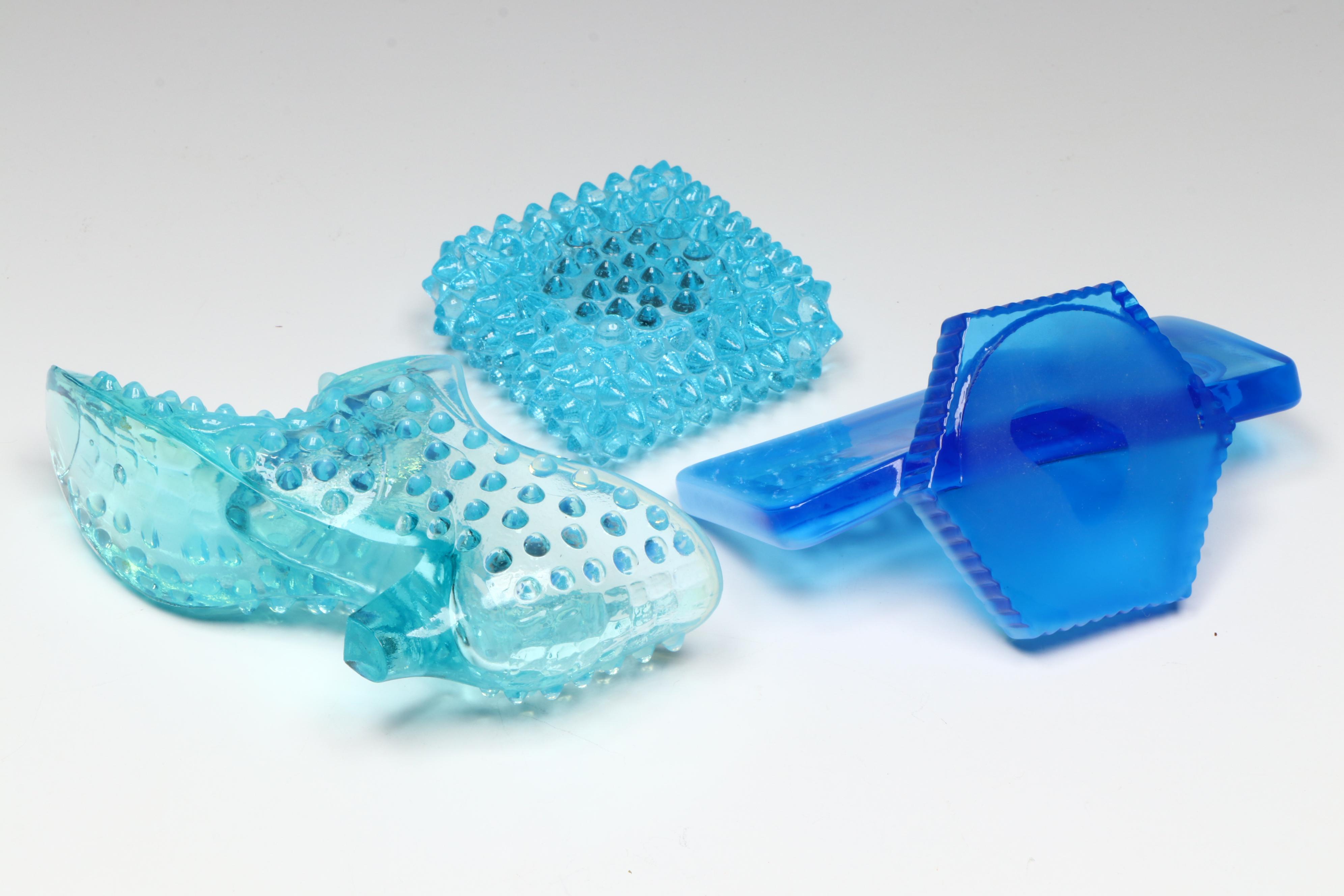 Fenton Hobnail Opalescent Blue Vases and Dealer Plaque with More Glass