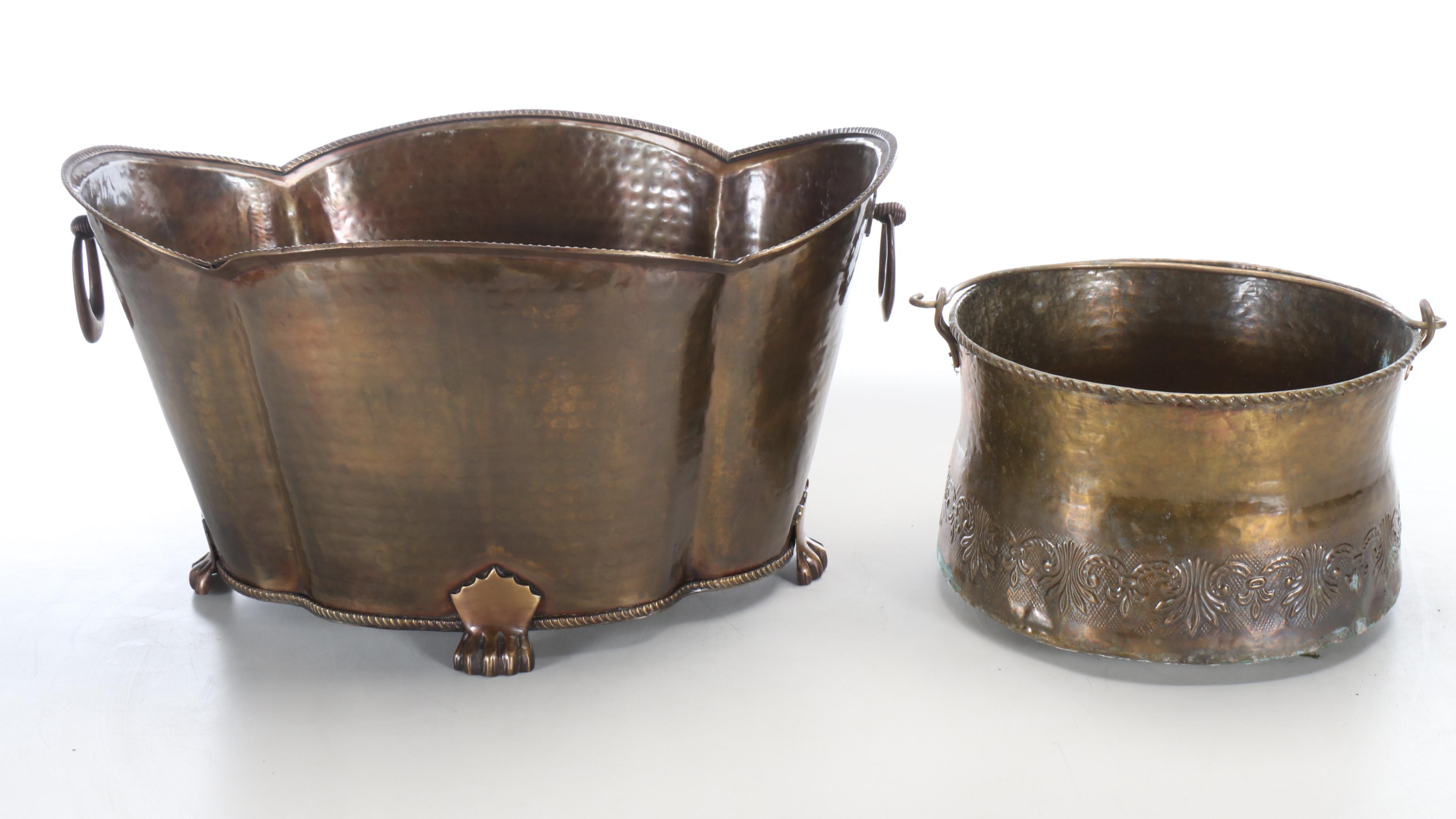 Decorative Crafts Footed Metal Planter with Handled Repoussé Metal Planter