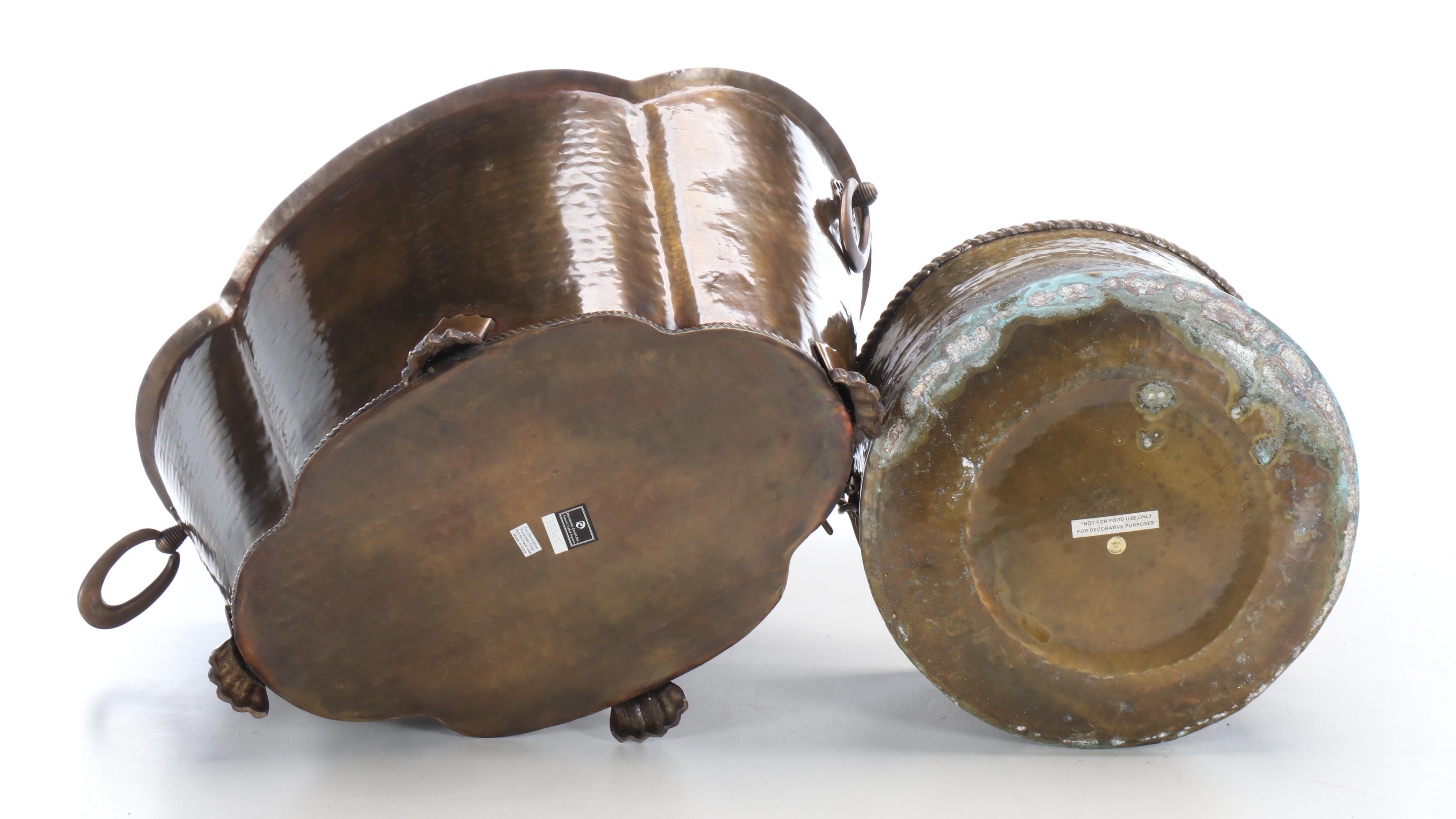 Decorative Crafts Footed Metal Planter with Handled Repoussé Metal Planter