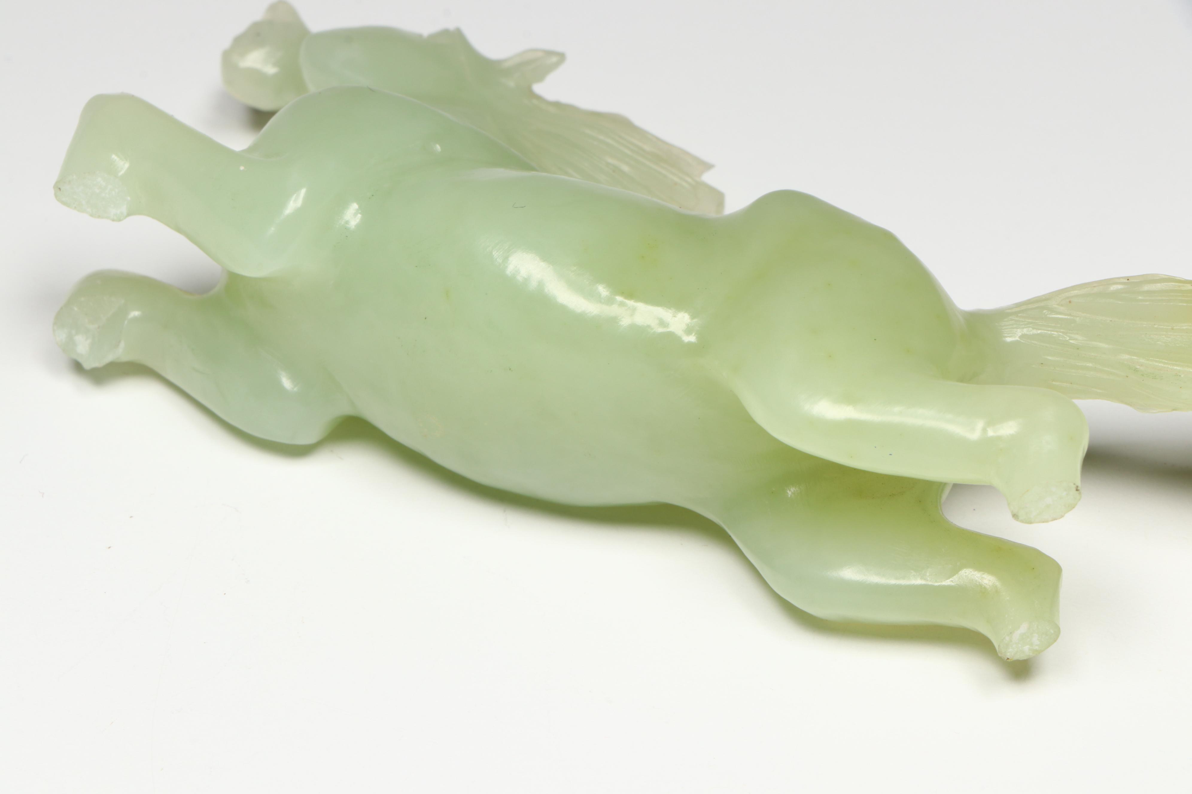 East Asian Glass Snuff Bottle with Porcelain Lidded Jar and Serpentine Horse